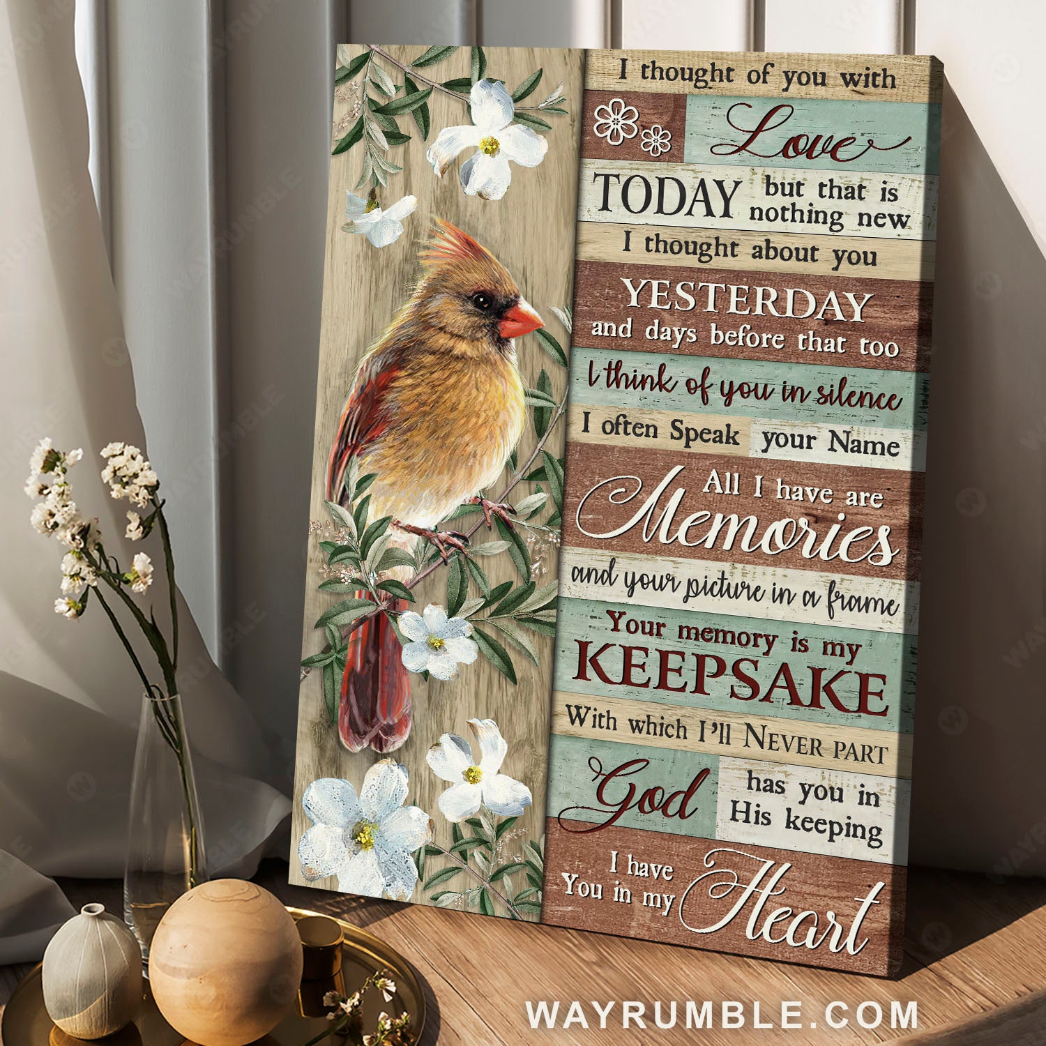 Female cardinal, Jasmine flower, I thought of you - Heaven Portrait Canvas Prints, Wall Art