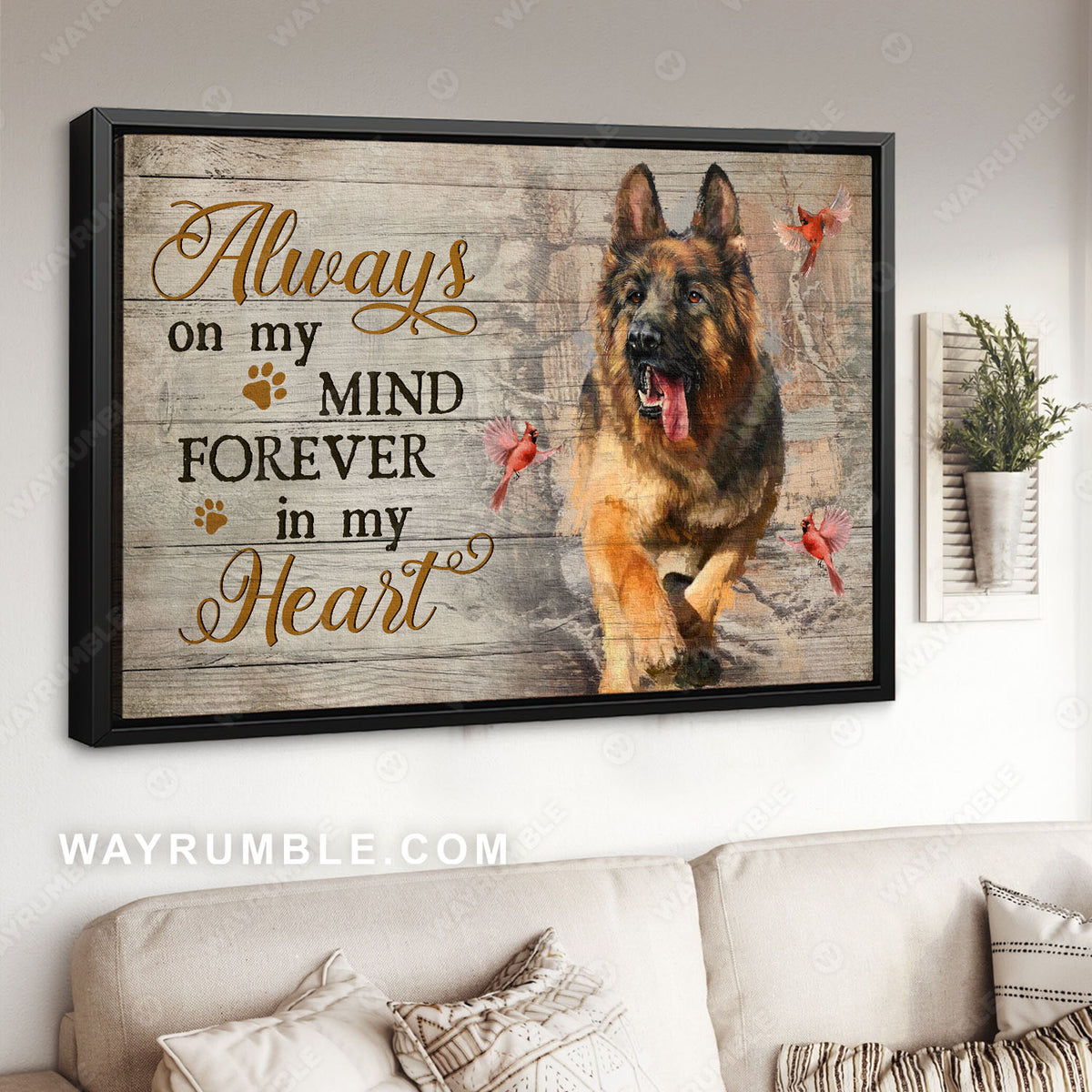 German Shepherd, Northern cardinal, Winter forest, Always on my mind - Heaven Landscape Canvas Prints, Wall Art