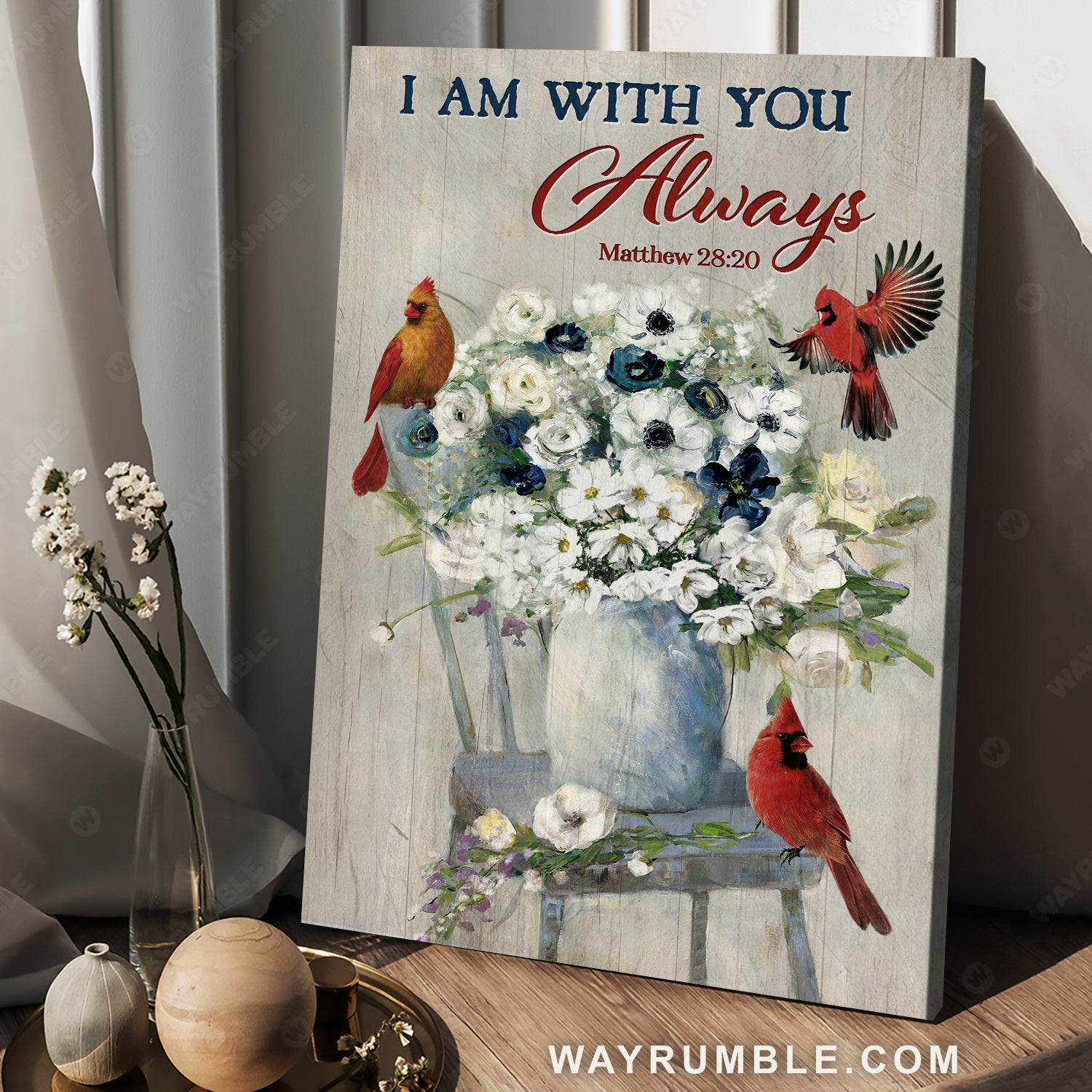 Beautiful white flower, Red cardinal, Jasmine, I am with you always - Heaven Portrait Canvas Prints, Wall Art