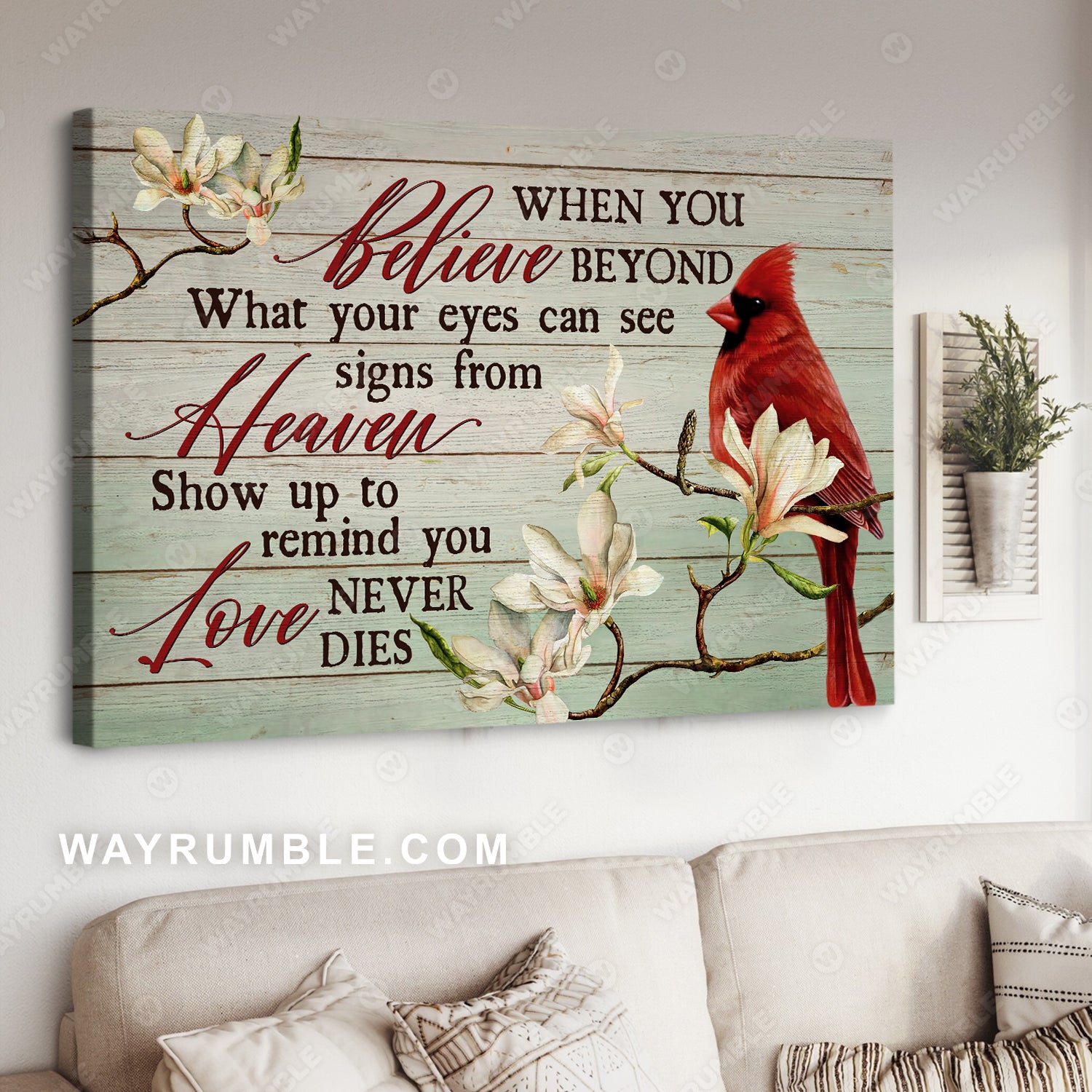 Northern cardinal, Tree branch, White flower, Love never dies - Heaven Landscape Canvas Prints, Wall Art