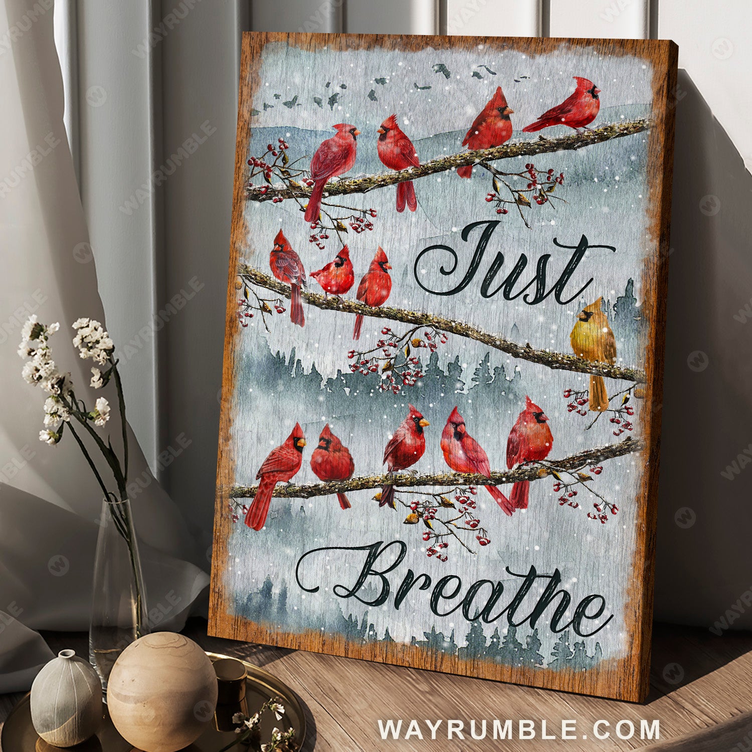Cardinal painting, Winter forest, Cranberry tree, Just breathe - Heaven Portrait Canvas Prints, Wall Art