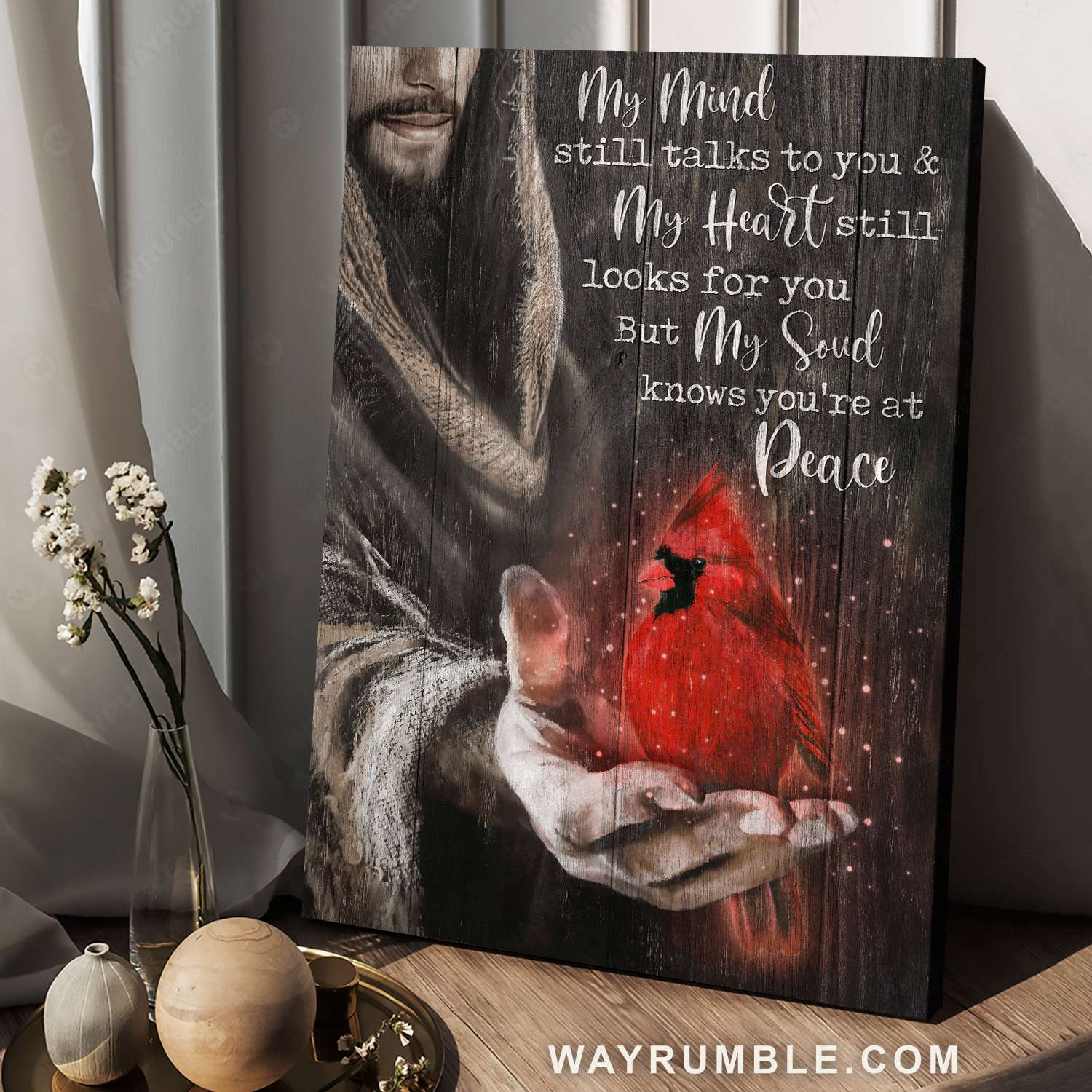 Red cardinal, Jesus hand, My soul knows you're at peace - Heaven Portrait Canvas Prints, Wall Art