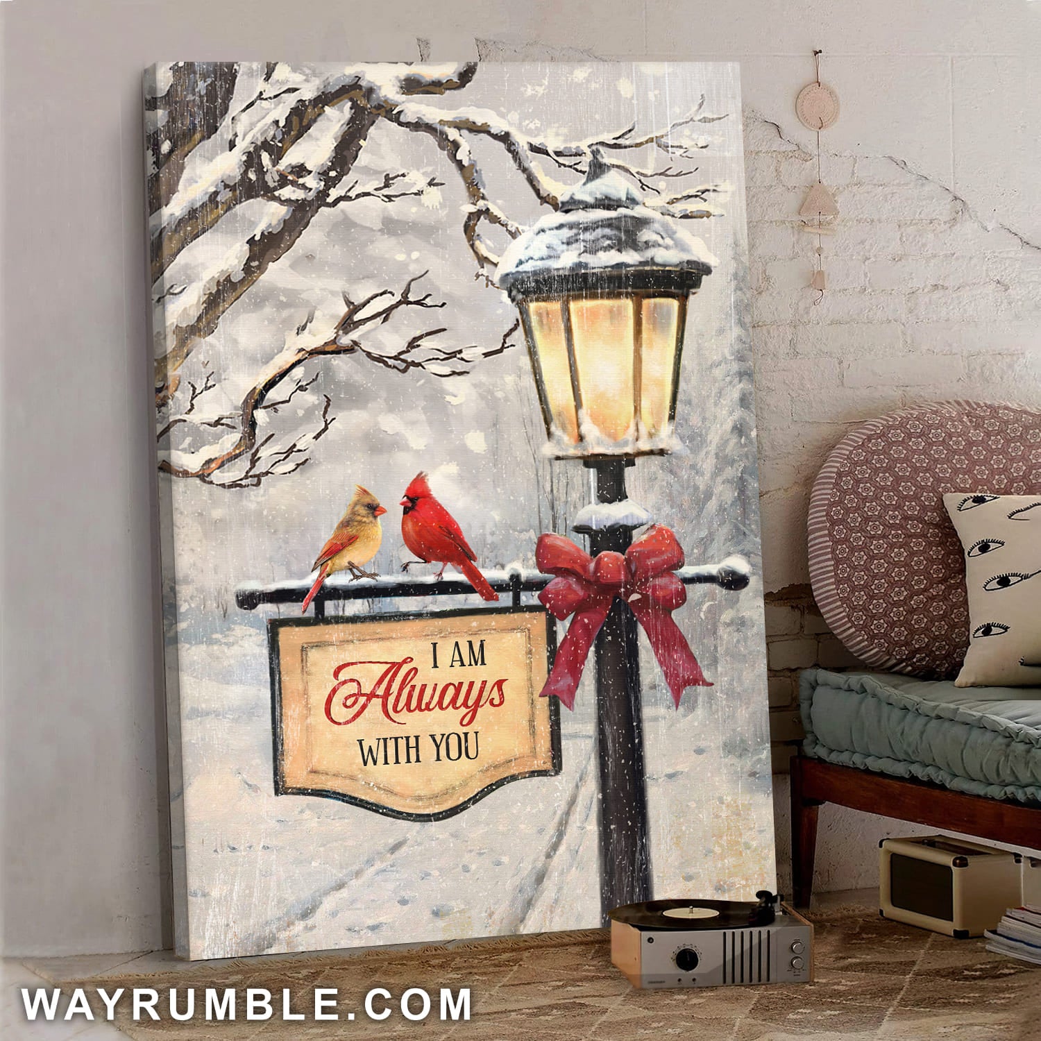 Cardinal Couple, Street light, Winter, I am always with you - Heaven Portrait Canvas Prints, Wall Art