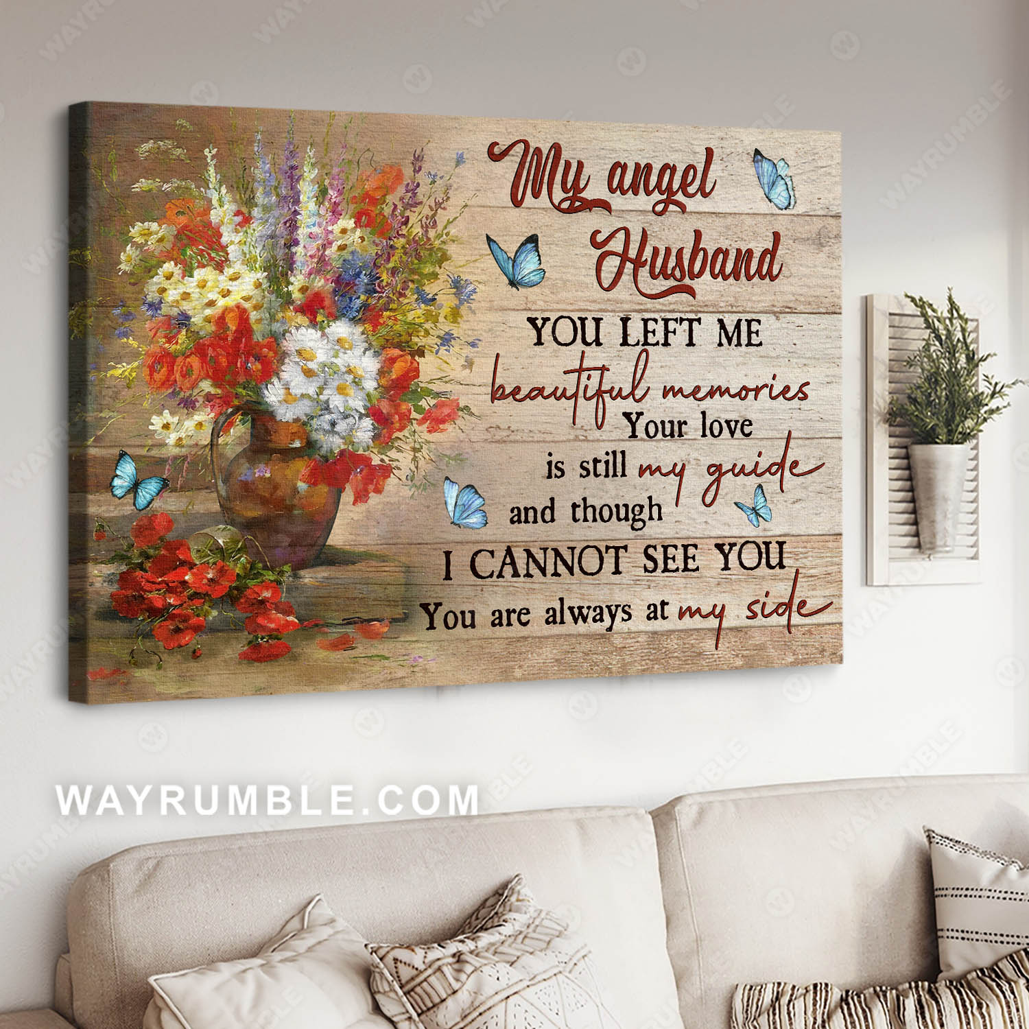 To my angel husband, Your love is still my guide, Still painting, Vintage painting, Flower vase, Butterflies  - Heaven Landscape Canvas Prints, Wall Art
