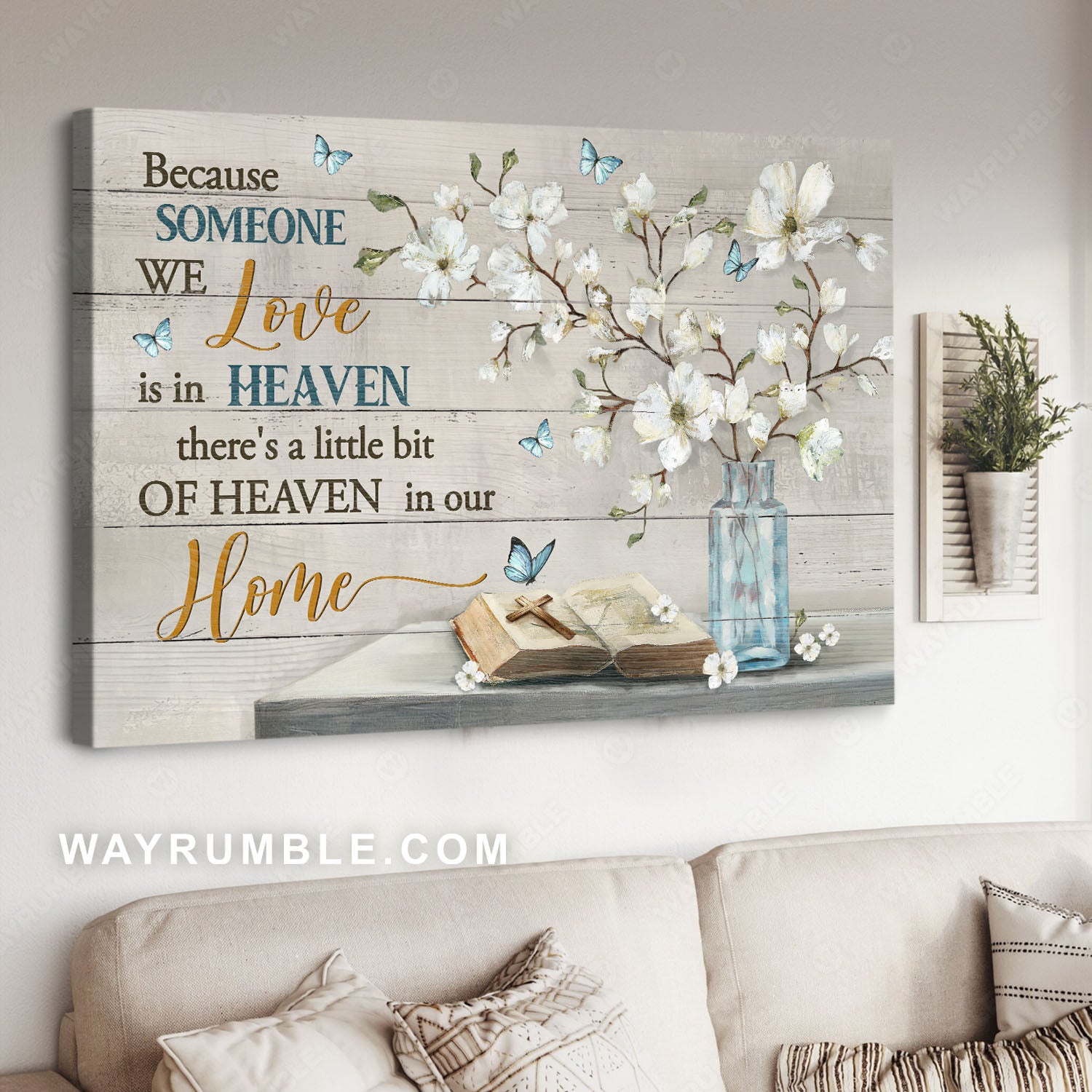 White flower, Blue butterfly, Cross symbol, There's a little bit of heaven in our home - Heaven Landscape Canvas Prints, Wall Art