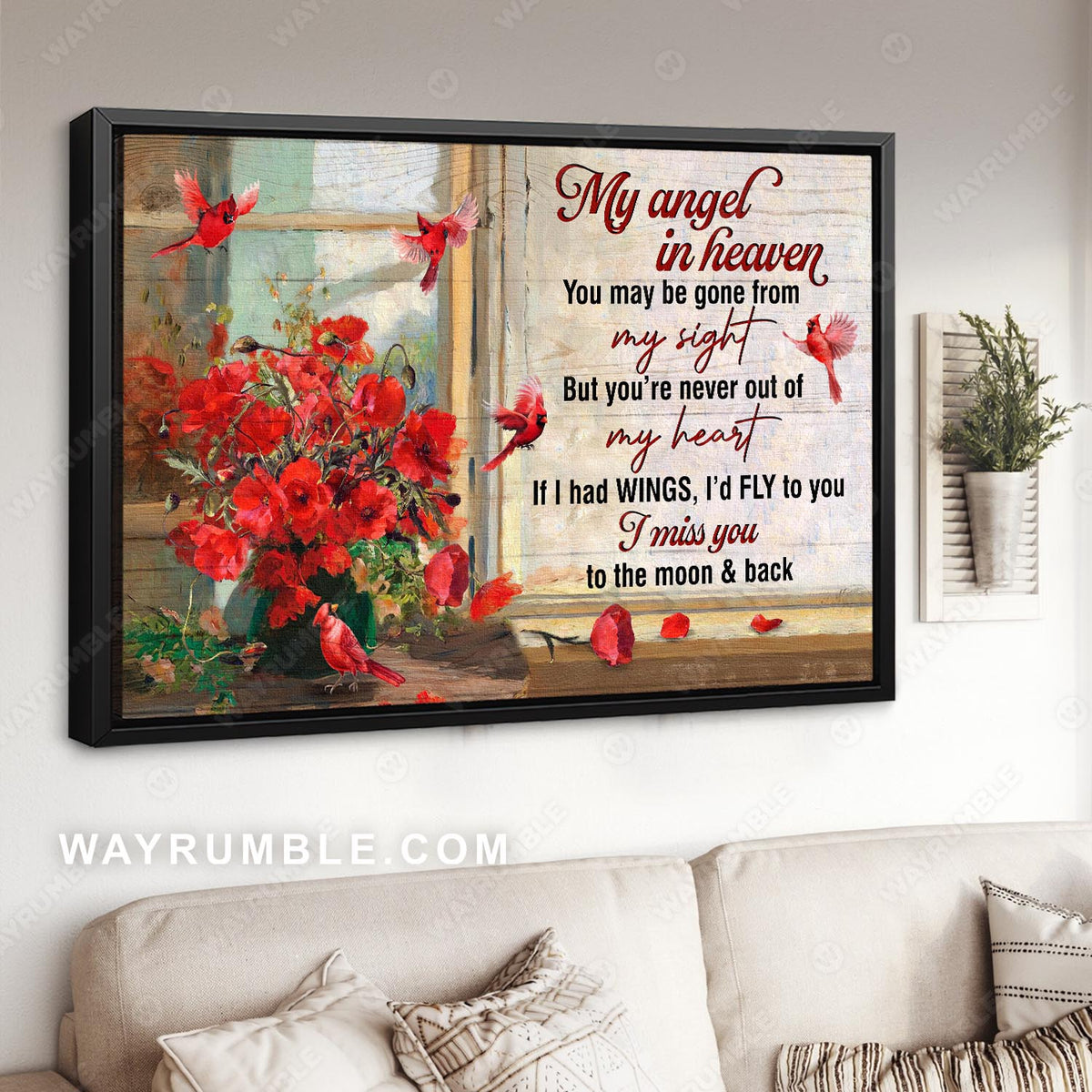 Cardinal painting, Poppy flower, By the window, I miss you to the moon and back - Heaven Landscape Canvas Prints, Wall Art