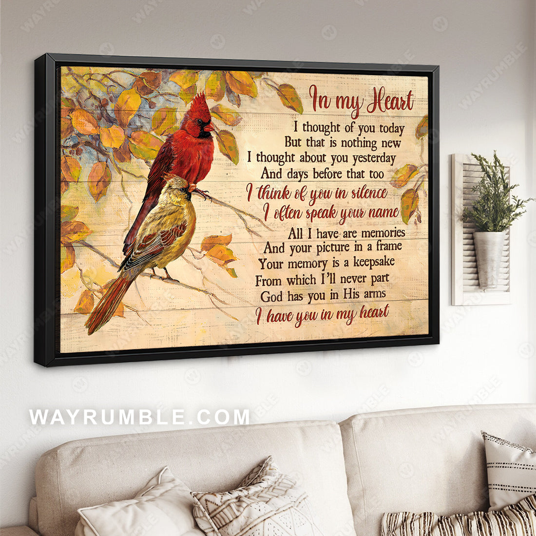 Autumn forest, Beautiful cardinal, Yellow background, In my heart - Heaven Landscape Canvas Prints, Wall Art
