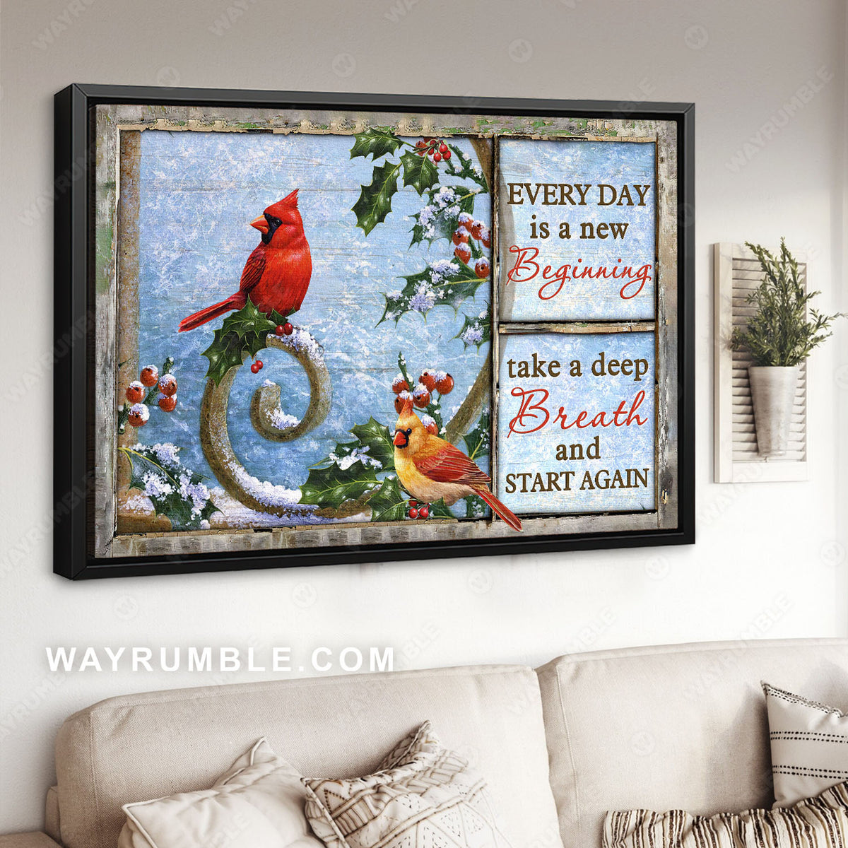 Frozen cranberry, Cardinal painting, White snow, Every day is a new beginning - Heaven Landscape Canvas Prints, Wall Art