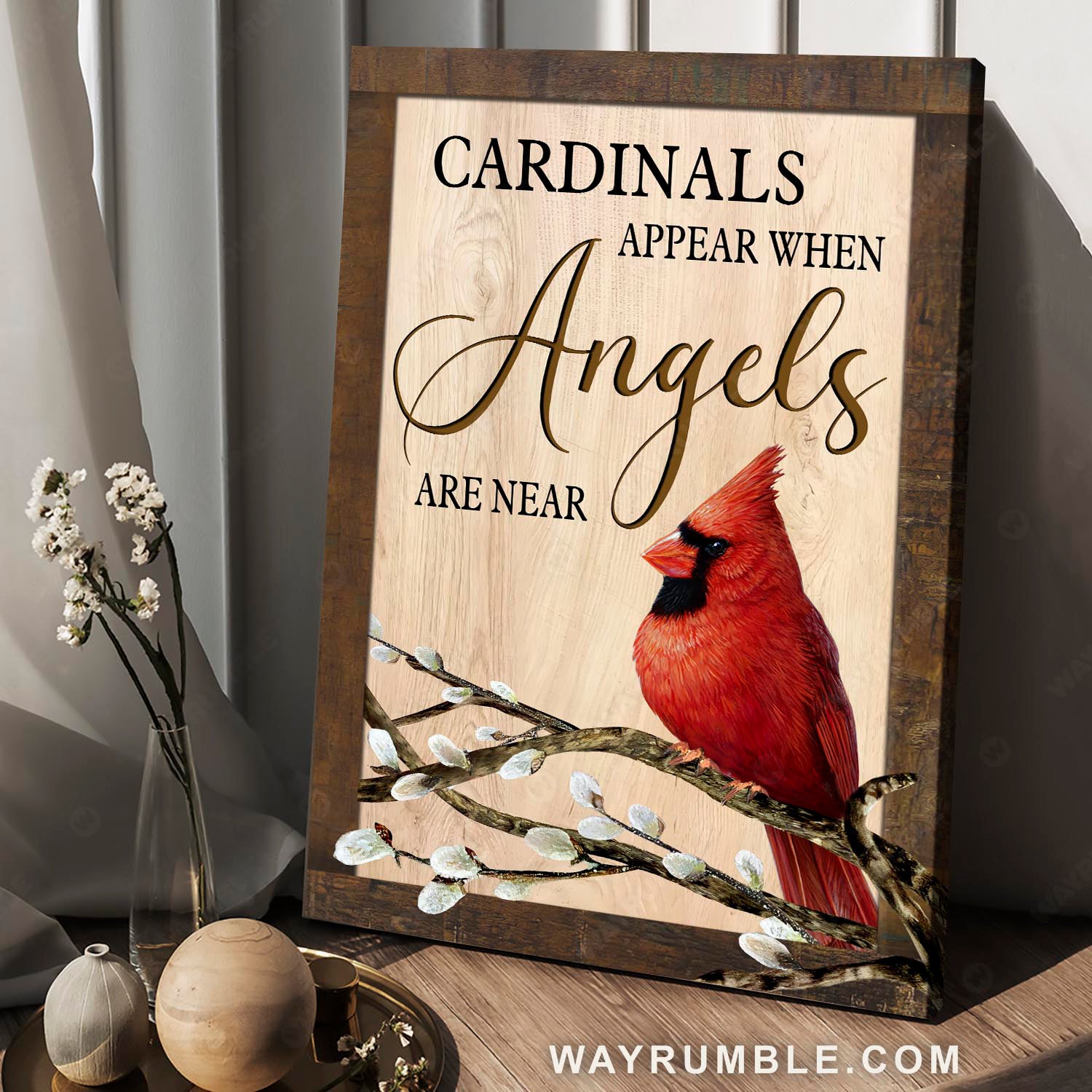 Red cardinal, Flower buds, Tree branch, Angels are near - Heaven Portrait Canvas Prints, Wall Art