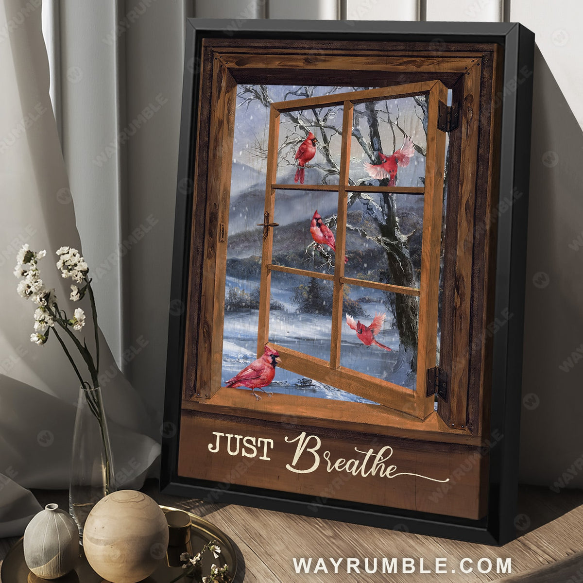 Blue night, Red cardinal drawing, Wooden window, White snow, Just breathe - Heaven Portrait Canvas Prints, Wall Art
