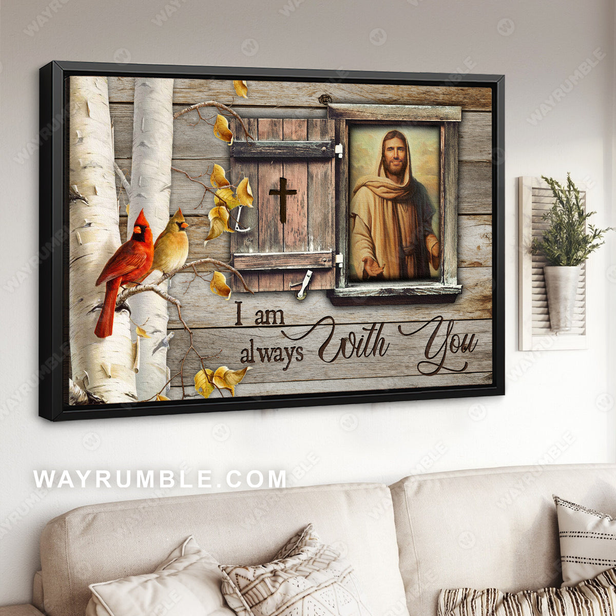Jesus painting, Wooden window, Cardinal painting, I am always with you - Heaven Landscape Canvas Prints, Wall Art