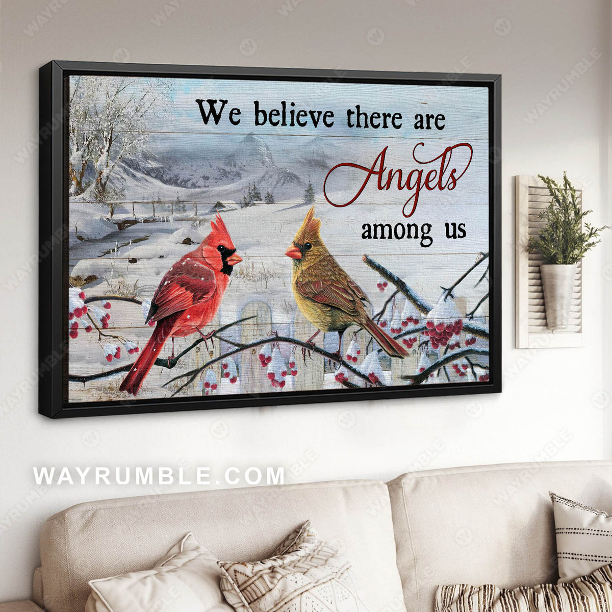 Cardinal couple, Winter village, Mountain landscape, We believe there are angels among us - Heaven Landscape Canvas Prints, Wall Art