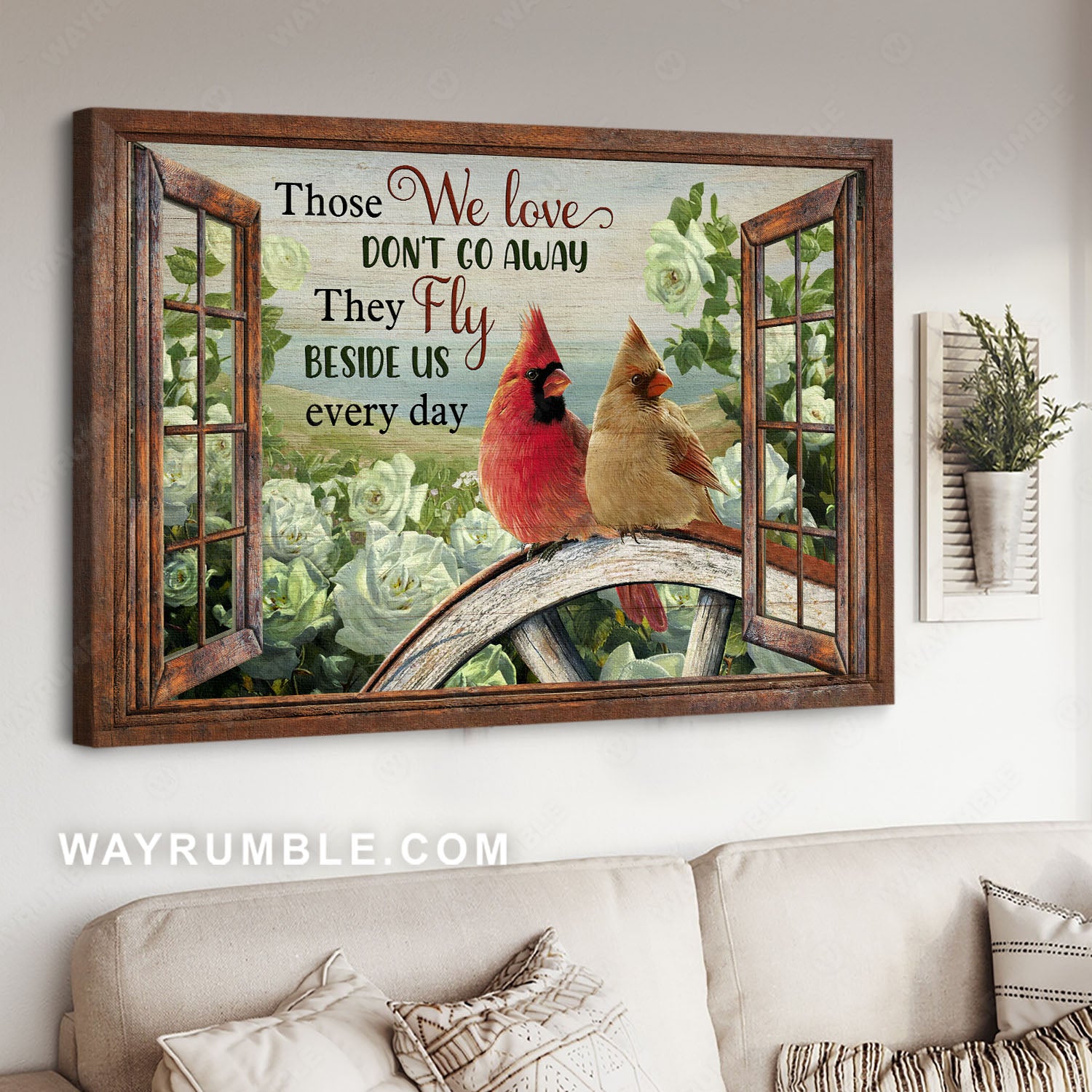 Northern cardinal, White rose, Window frame, Those we love don't go away - Heaven Landscape Canvas Prints, Wall Art