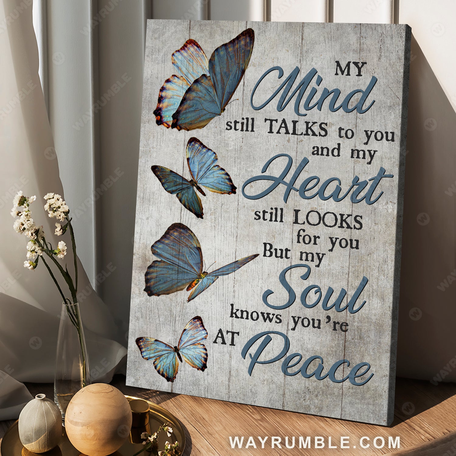 Blue butterfly, Grey background, You are at peace - Heaven Portrait Canvas Prints, Wall Art