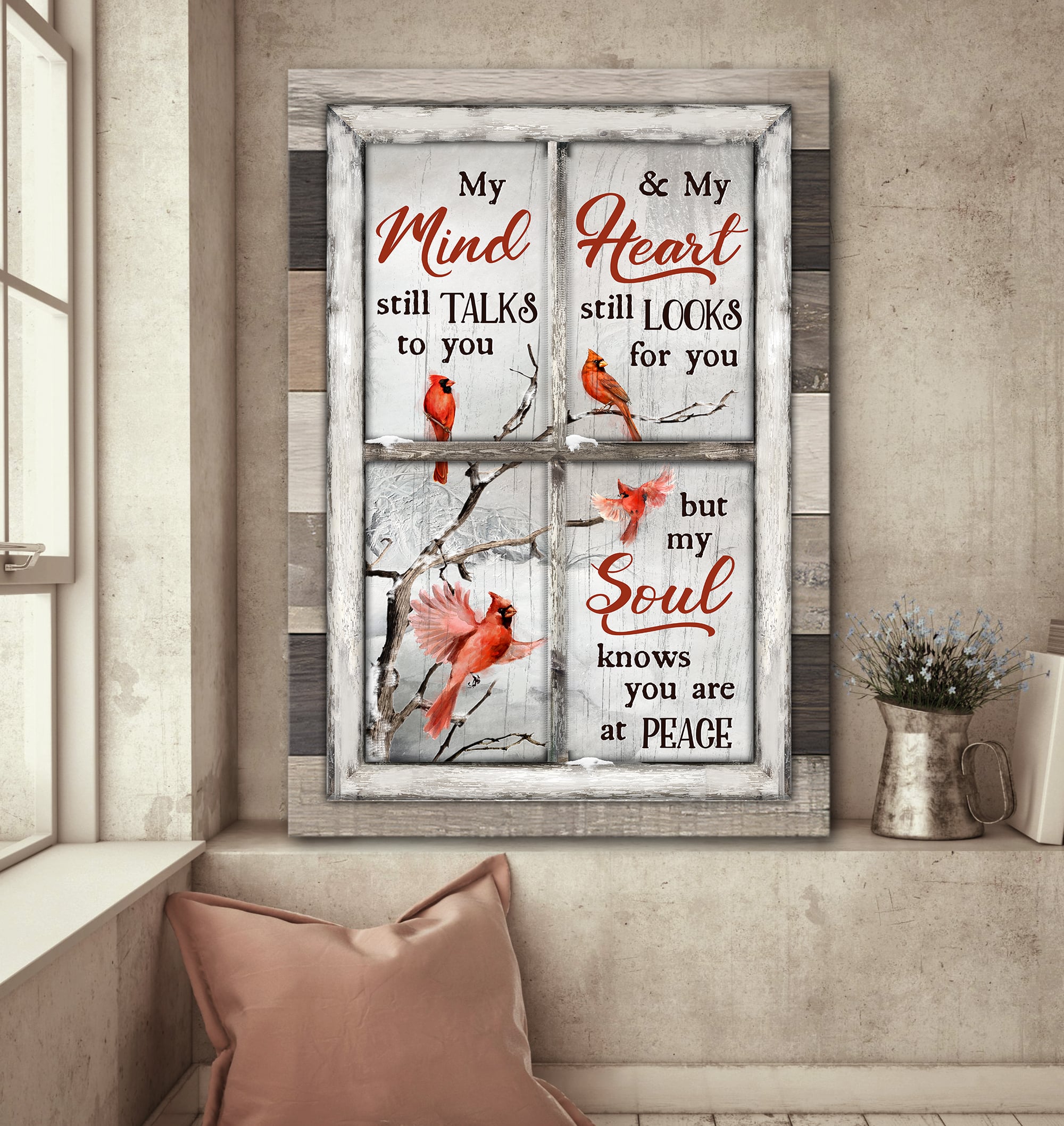 Winter, Cardinal, Through the window, My soul knows you are at peace - Heaven Portrait Canvas Prints, Wall Art