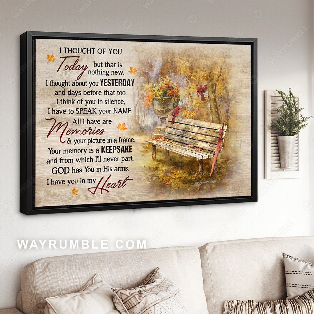Wooden chair, Red cardinal, Beautiful autumn park, I thought of you today - Heaven Landscape Canvas Prints, Christian Wall Art