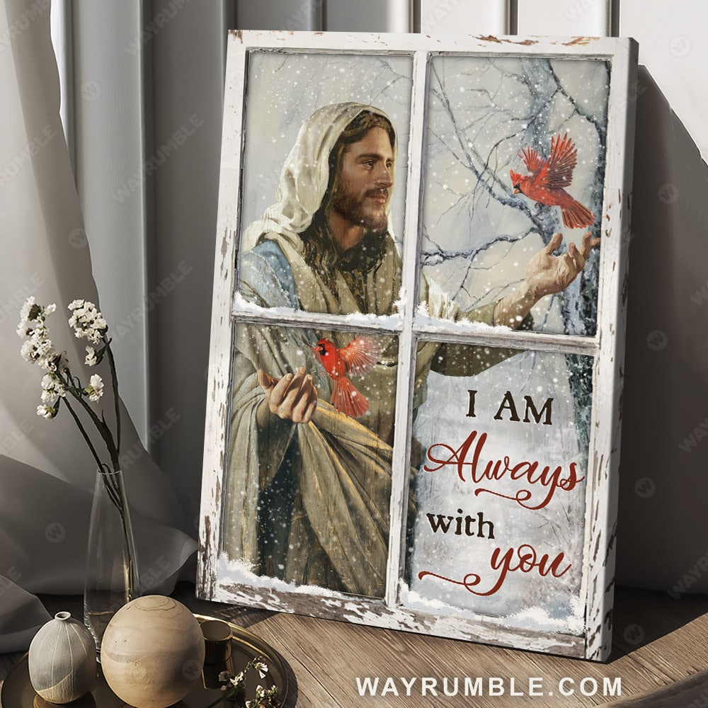 Life of Jesus, Cardinal drawing, Winter forest, I am always with you - Heaven Portrait Canvas Prints, Wall Art