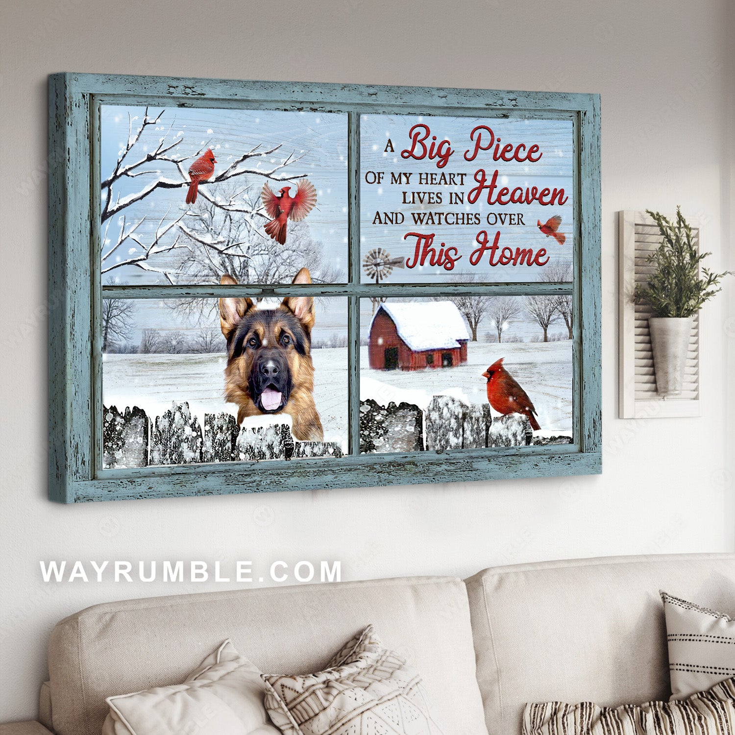Cute German Shepherd, Winter village, Cardinal, A big piece of my heart - Heaven Landscape Canvas Prints, Home Decor Wall Art