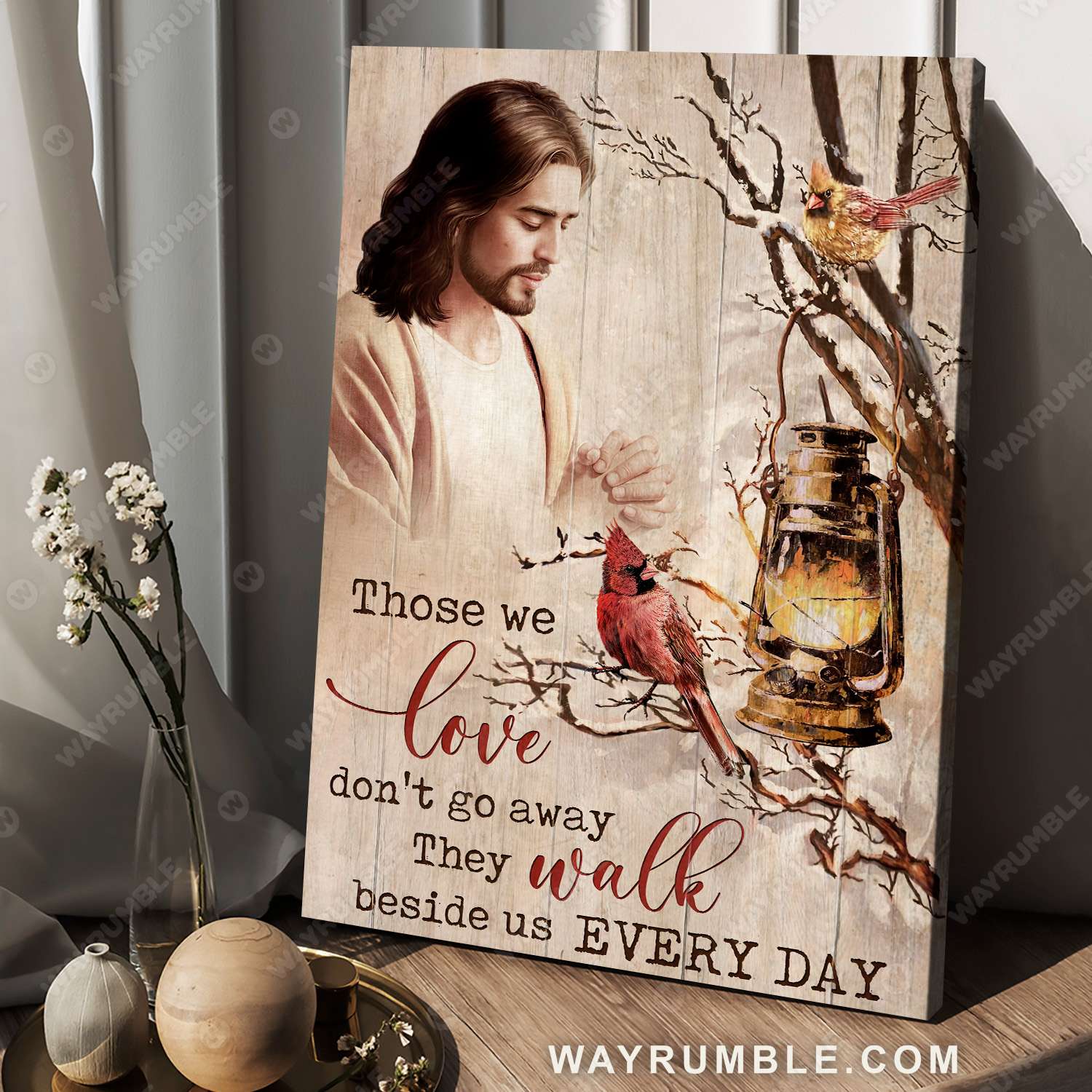 Jesus painting, Cardinal couple, Winter tree, Those we love don't go away - Heaven Portrait Canvas Prints, Wall Art