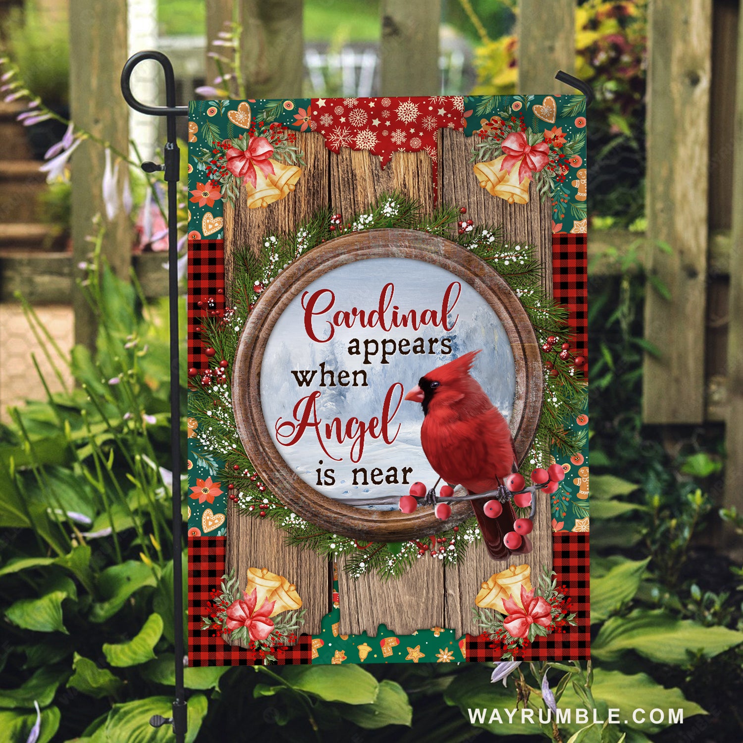 Christmas flag, Stunning cardinal, Christmas wreath painting, Cardinal appears when angel is near - Heaven Flag