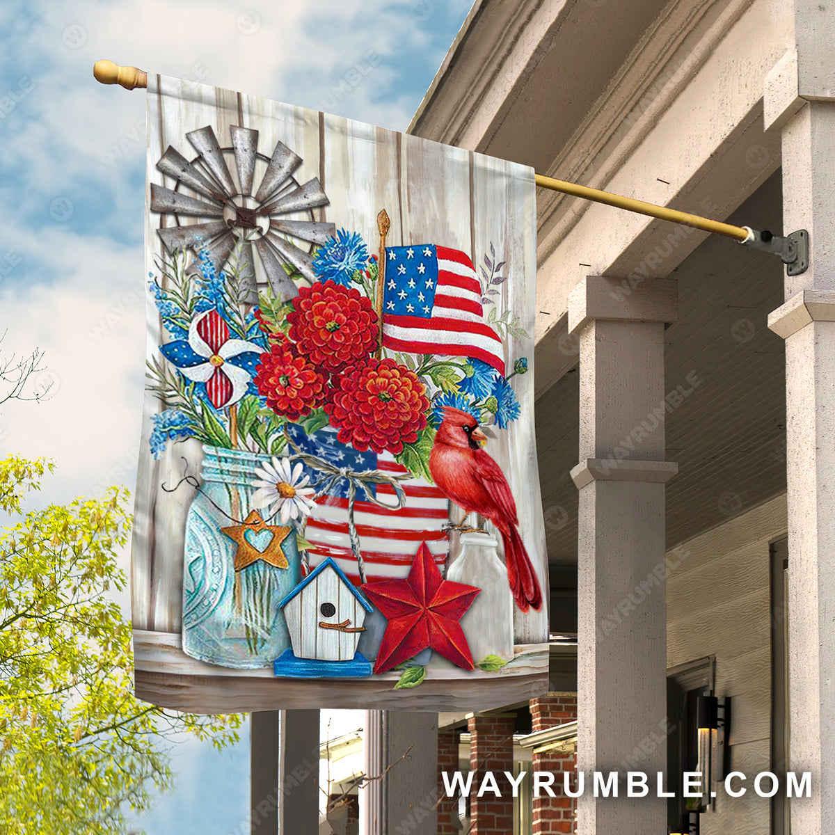 US flag, Pretty flower, Red cardinal, Windmill painting - Heaven Flag
