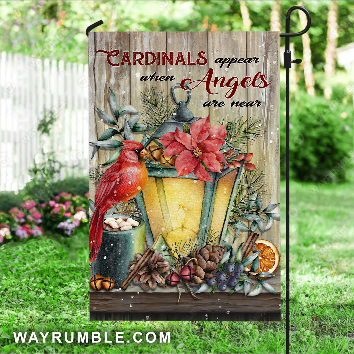 Vintage lantern, Red cardinal, Poinsettia flower, Cardinals appear when angels are near - Heaven Flag