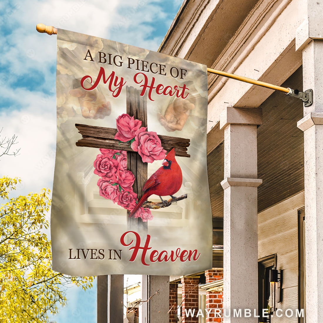 Pink rose, Cross symbol, Red cardinal, A big piece of my heart lives in heaven - Heaven Flag