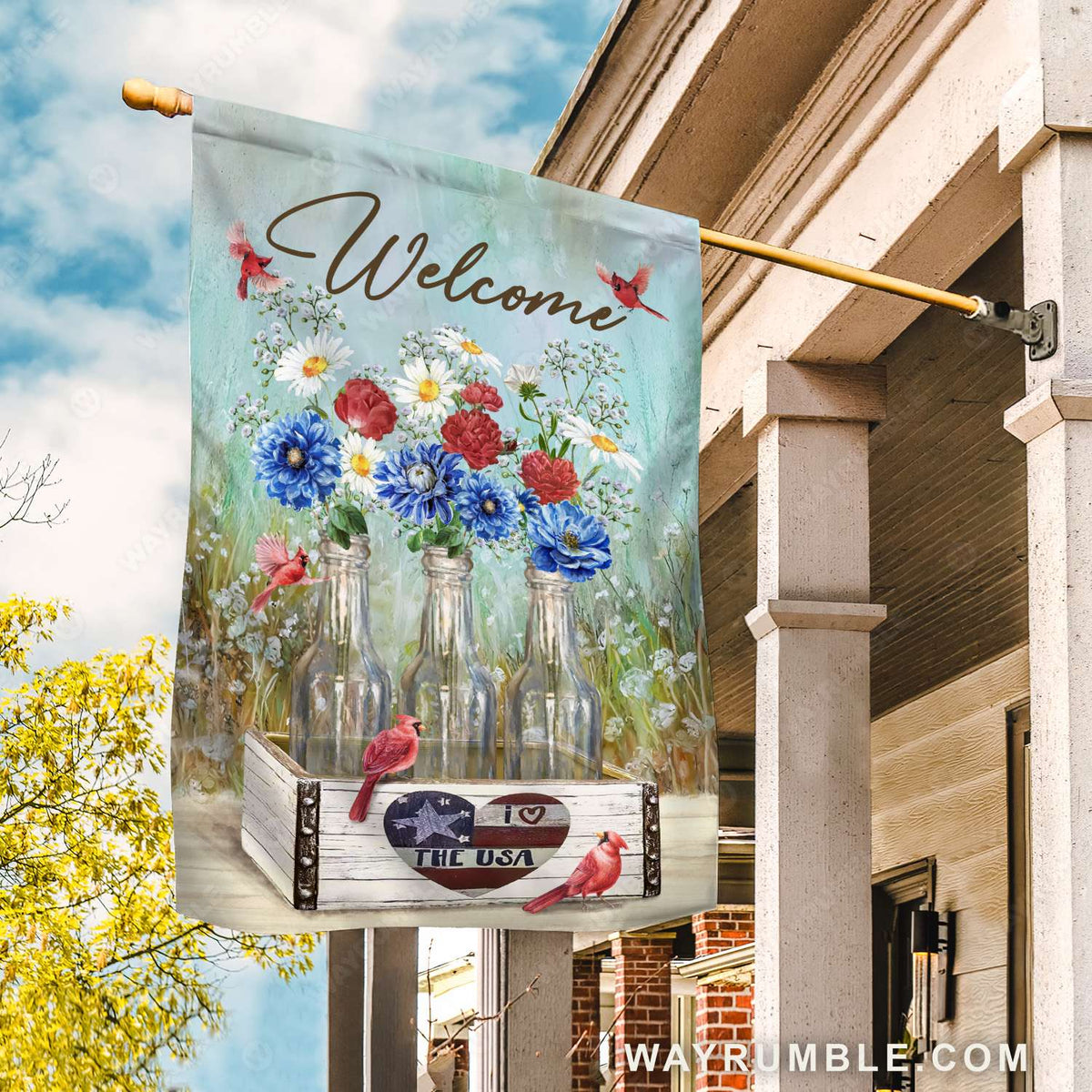 Blue chrysanthemum, Red rose, Daisy flower, Red cardinals, Glass bottle- Heaven Flag