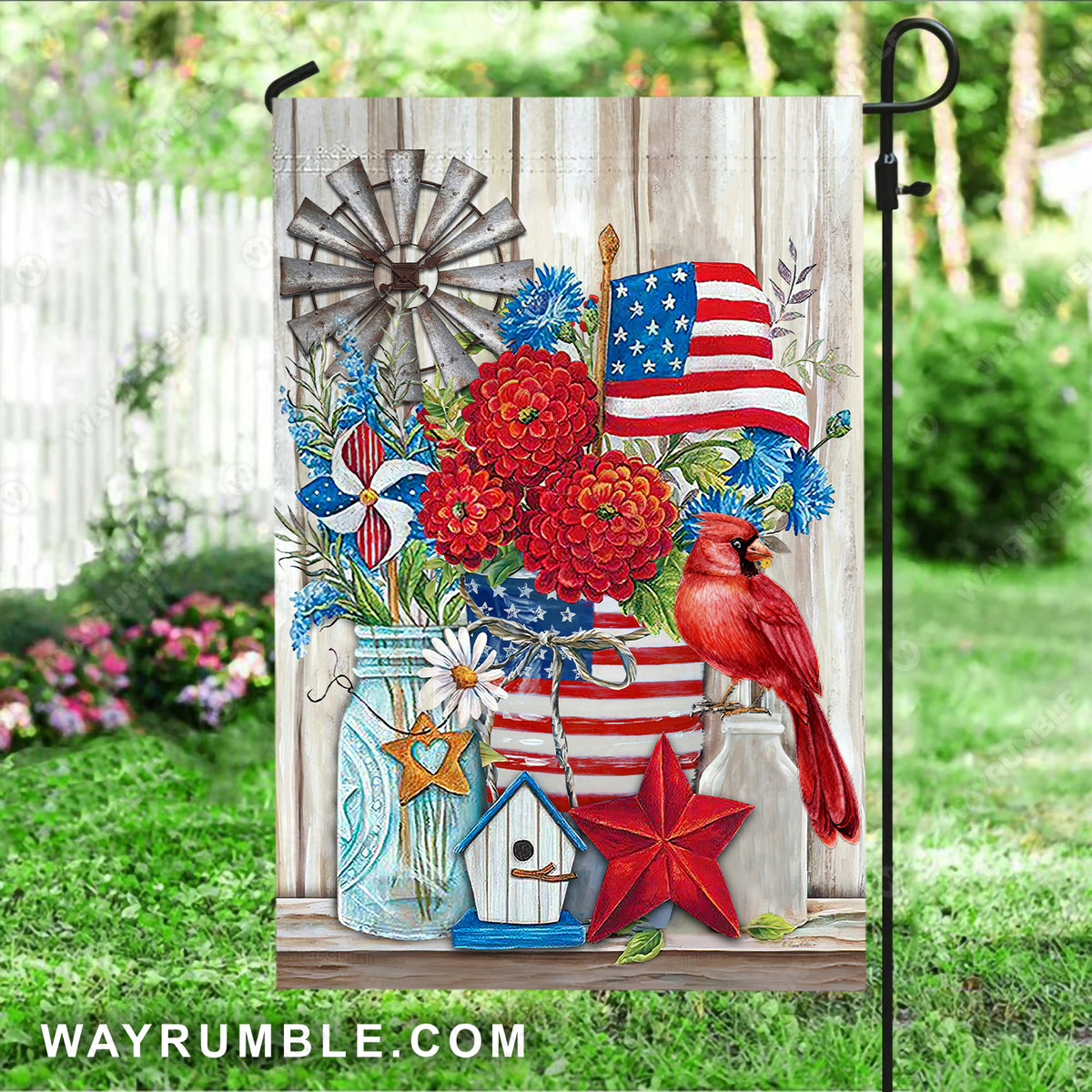 US flag, Pretty flower, Red cardinal, Windmill painting - Heaven Flag