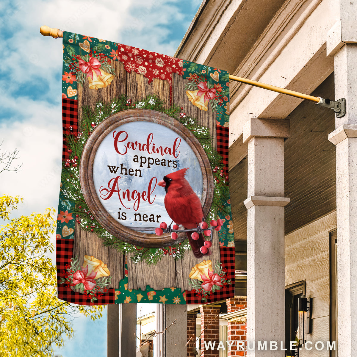 Christmas flag, Stunning cardinal, Christmas wreath painting, Cardinal appears when angel is near - Heaven Flag