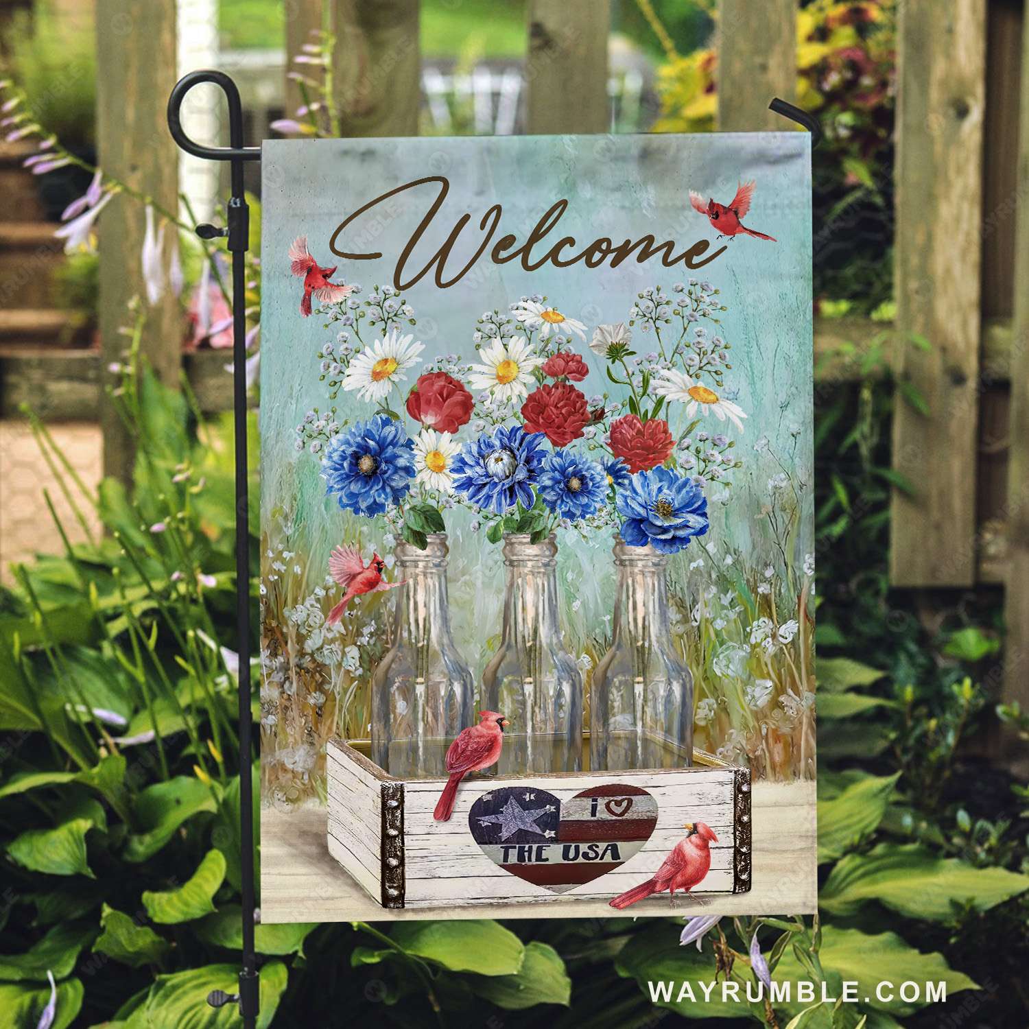 Blue chrysanthemum, Red rose, Daisy flower, Red cardinals, Glass bottle- Heaven Flag