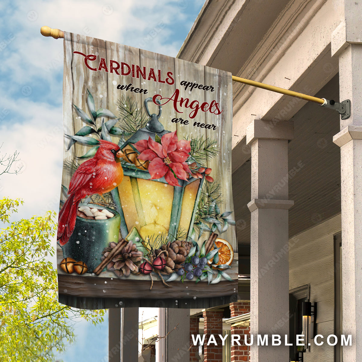 Vintage lantern, Red cardinal, Poinsettia flower, Cardinals appear when angels are near - Heaven Flag