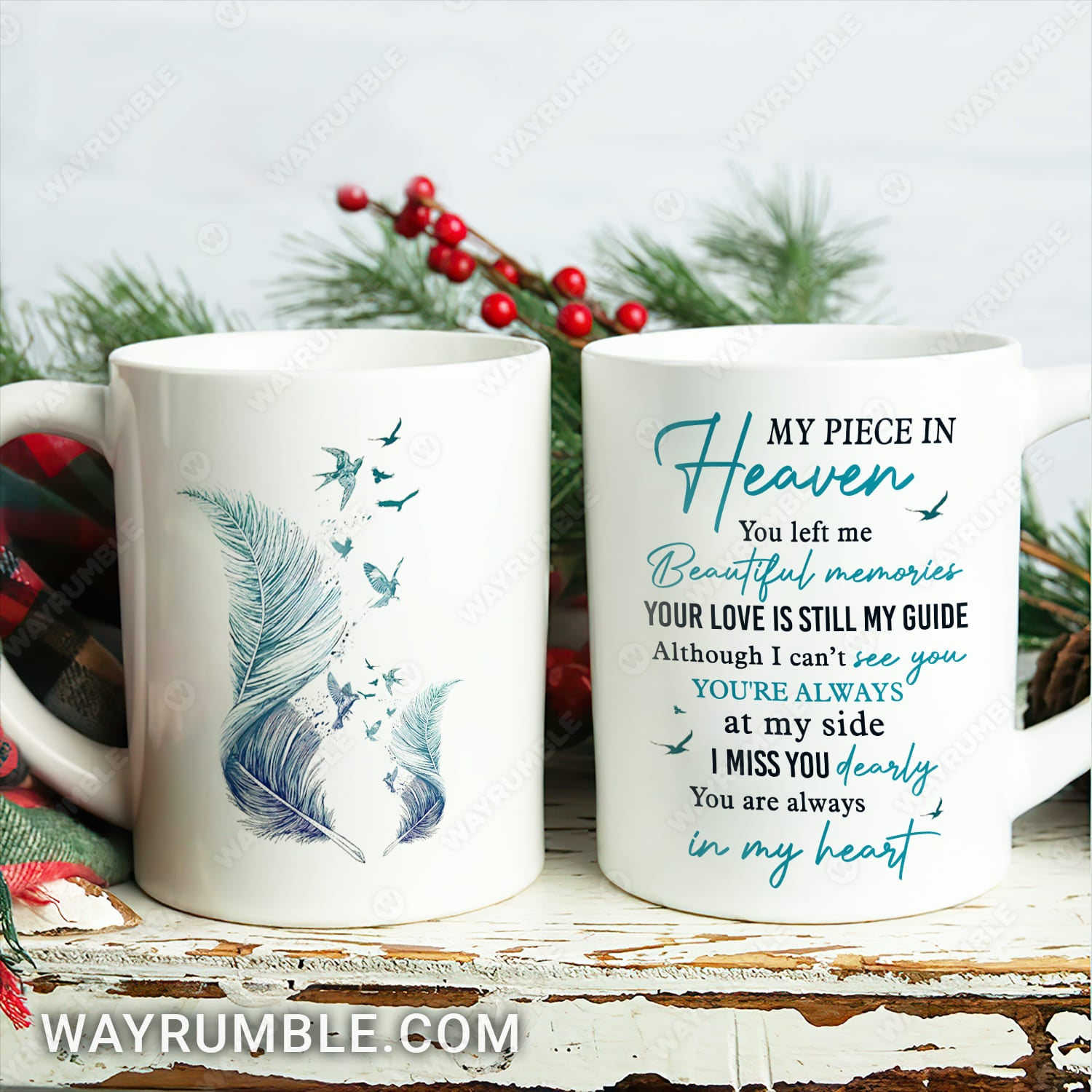 Blue feathers, Flying swallows, You are always in my heart - Heaven White Mug