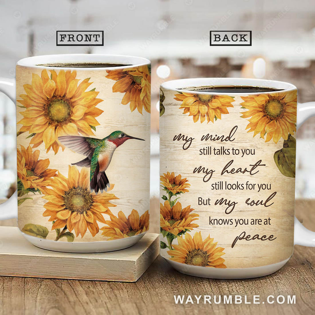 Sunflower pattern, Colorful hummingbird, My soul knows you are at peace - Heaven AOP Mug