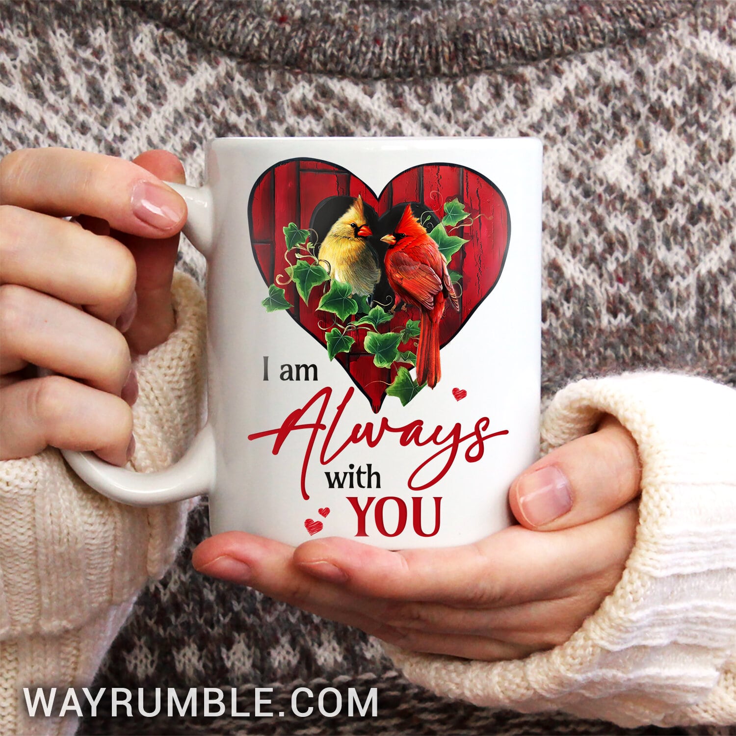 Heart shape, Cute cardinal drawing, Green garden, I am always with you - Heaven White Mug