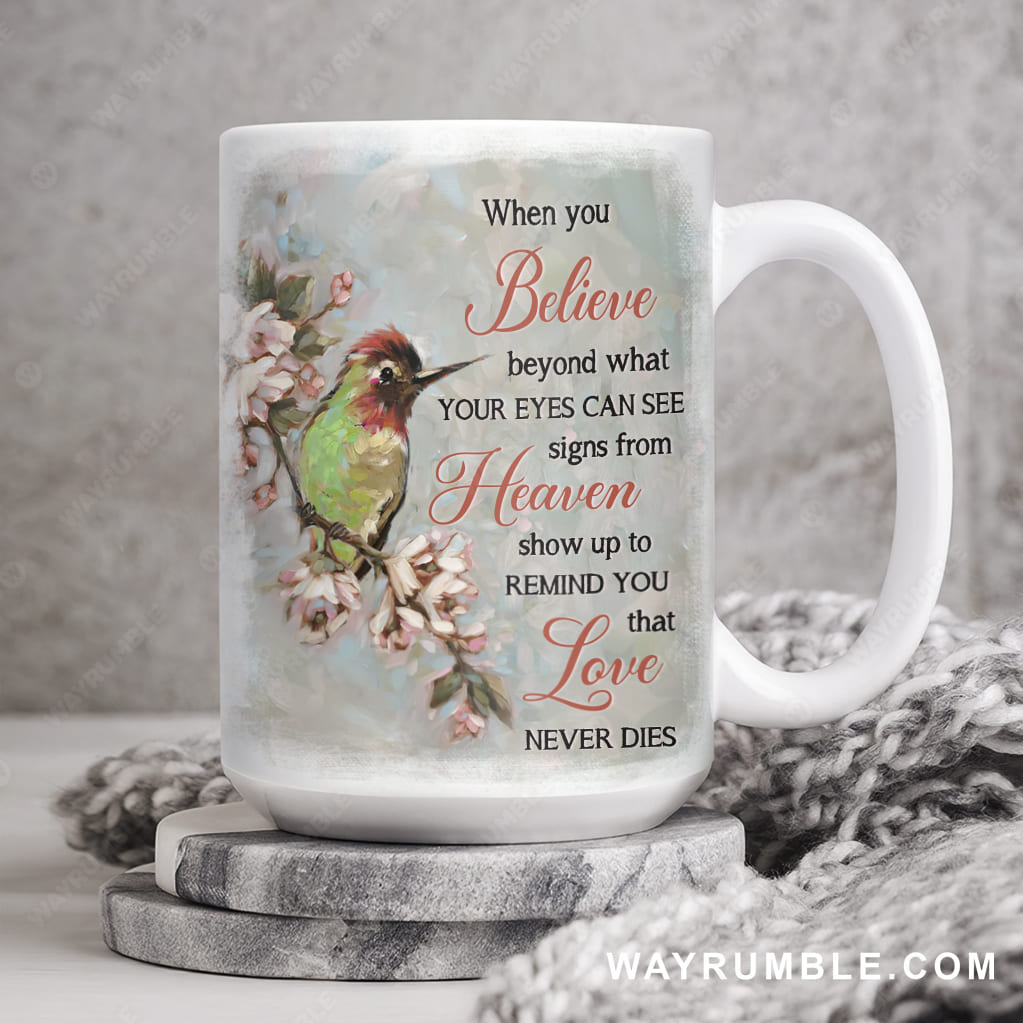 Cherry blossom painting, Colorful hummingbird, Signs from heaven remind you love never dies - Heaven AOP Mug
