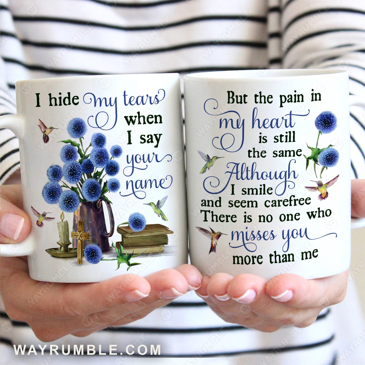 Blue flower, Vintage painting, Old books, Hummingbirds, I hide my tears when I say your name - Heaven White Mug