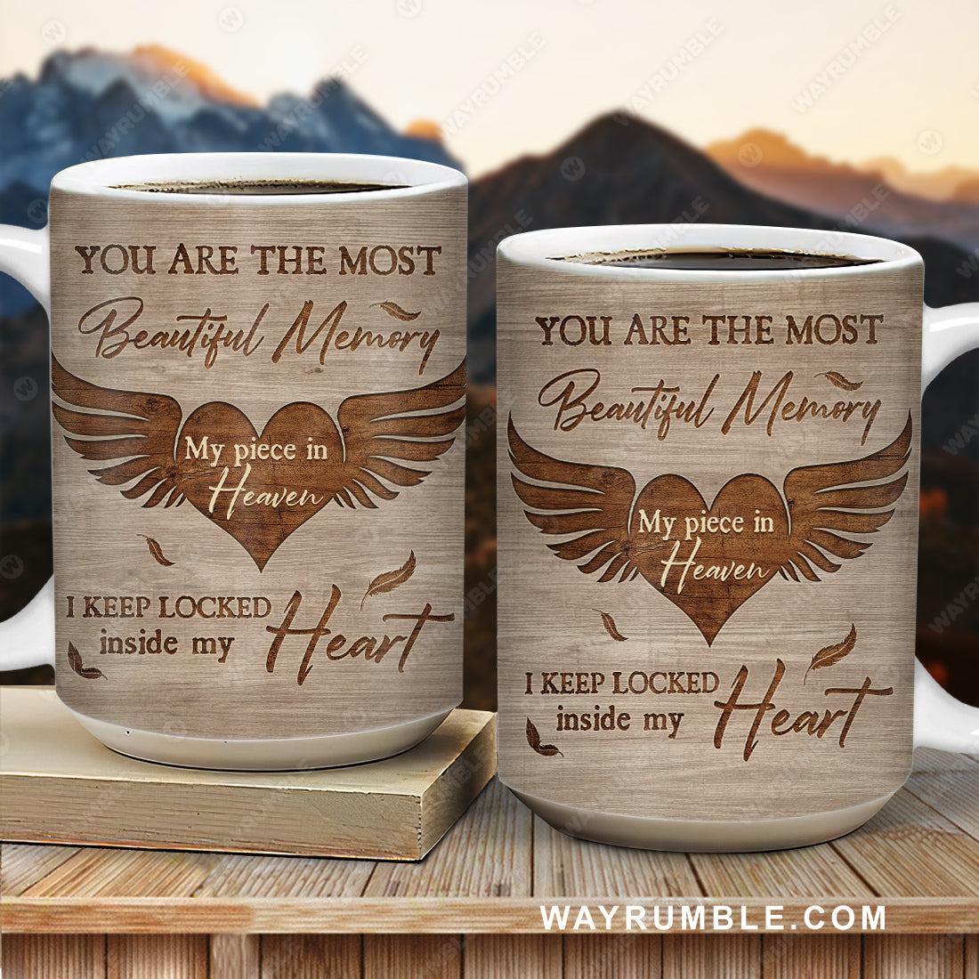 Angel wings painting, Wooden heart, You are the most beautiful memory - Heaven AOP Mug
