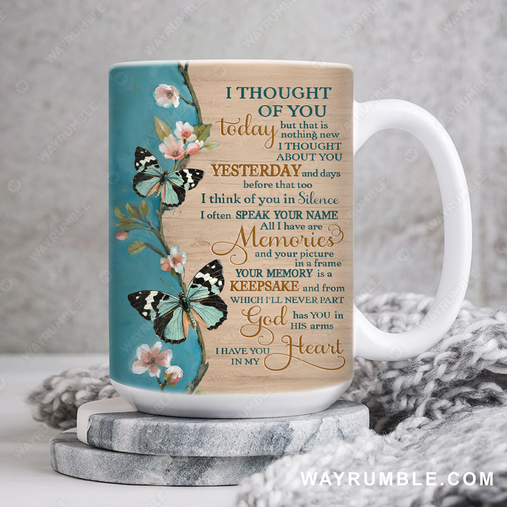 Mint butterfly, Peach blossom, Spring drawing, I thought of you today - Heaven AOP Mug
