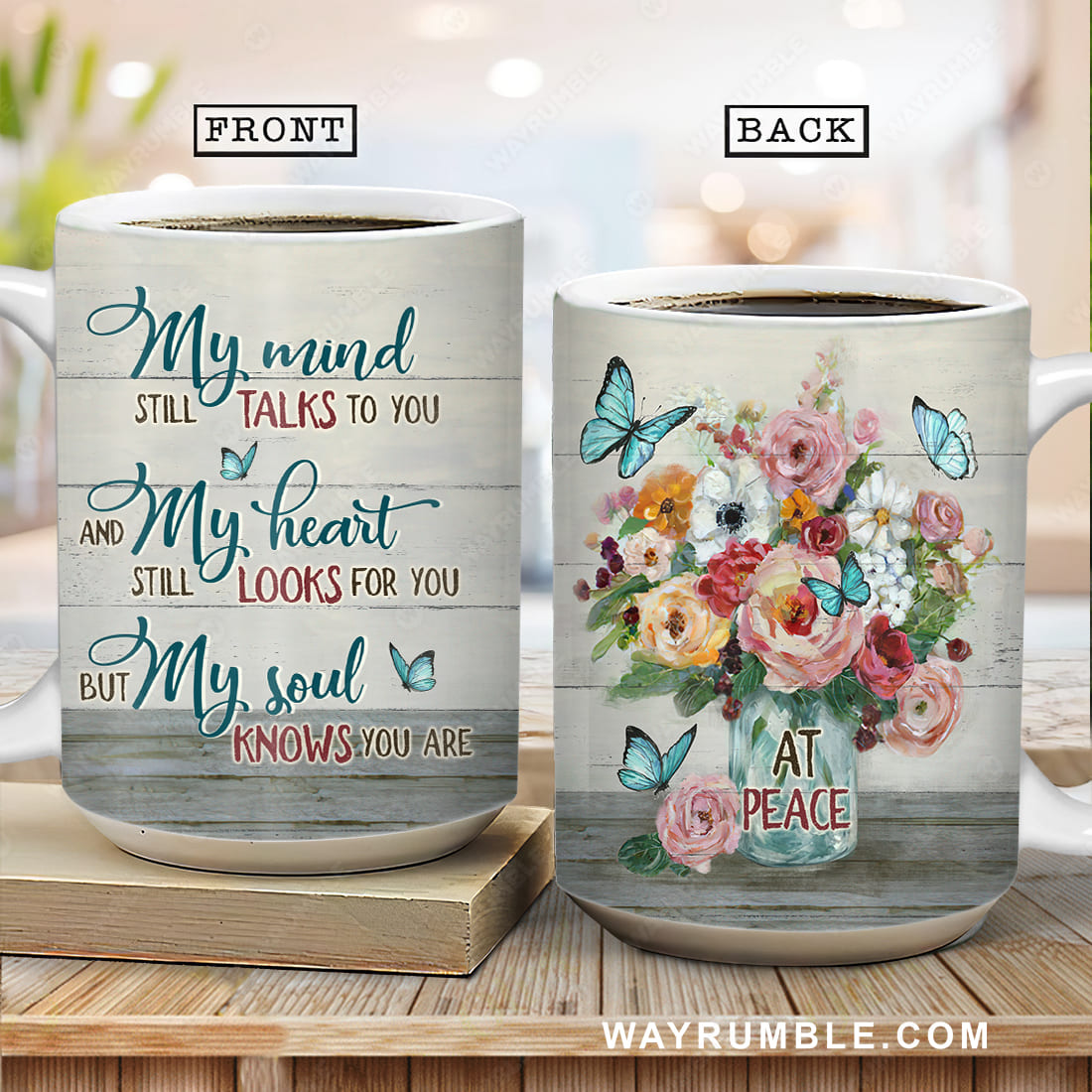 Brilliant flower painting, Blue butterfly, Pink rose, My mind still talks to you - Heaven AOP Mug