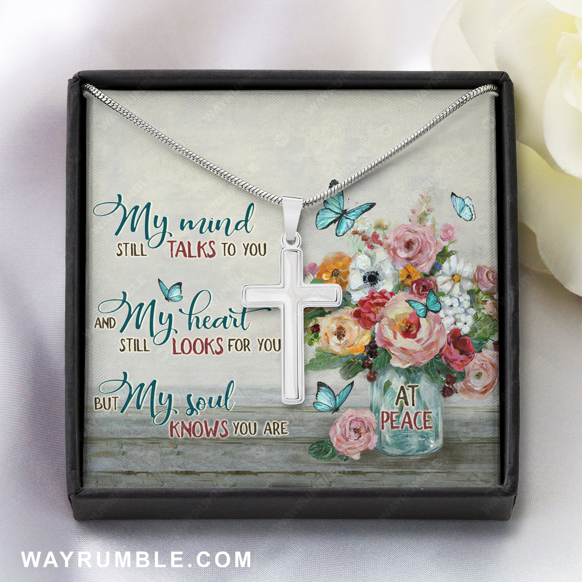 Brilliant flower painting, Blue butterfly, Pink rose, My mind still talks to you - Heaven Cross Necklace with Message Card