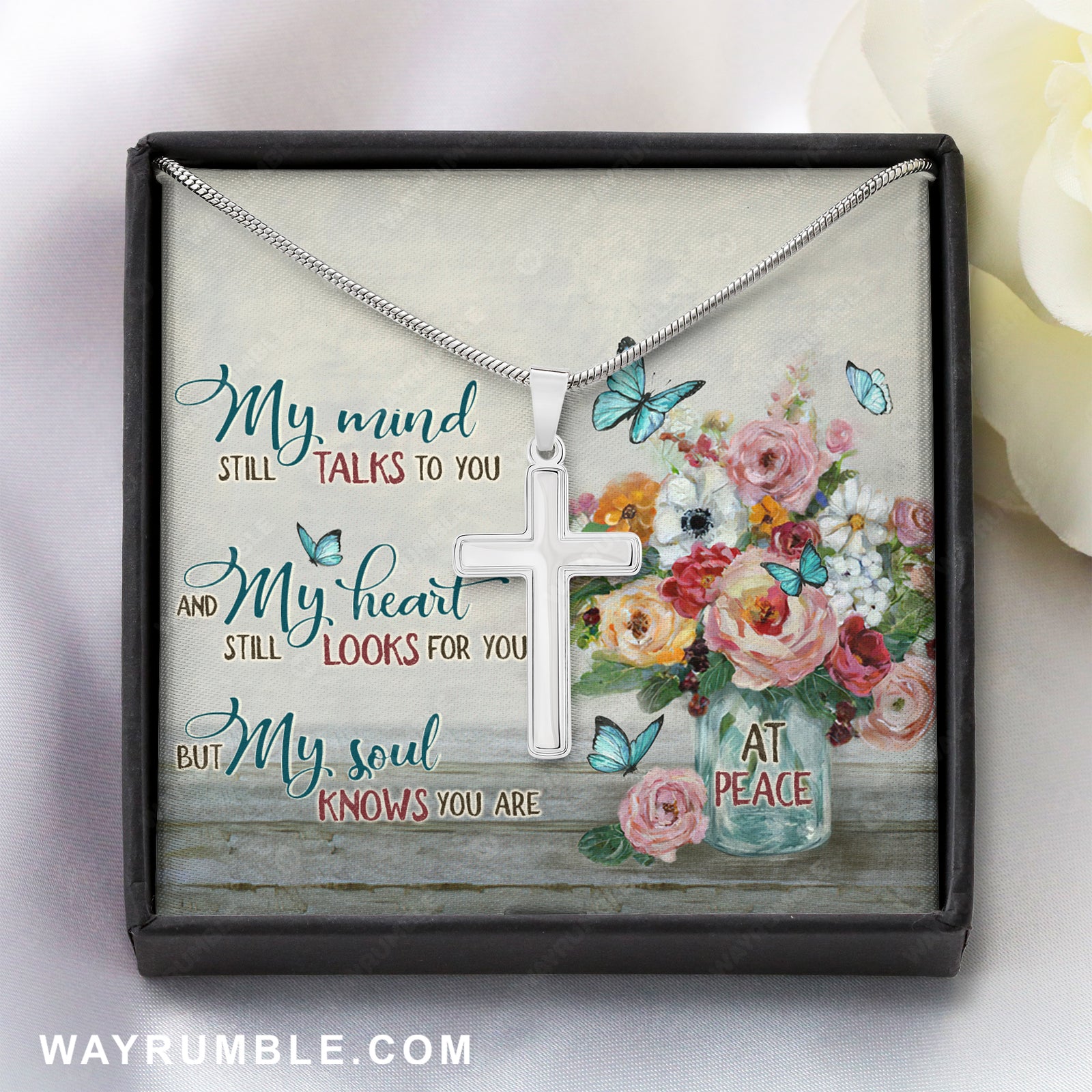 Brilliant flower painting, Blue butterfly, Pink rose, My mind still talks to you - Heaven Cross Necklace with Message Card