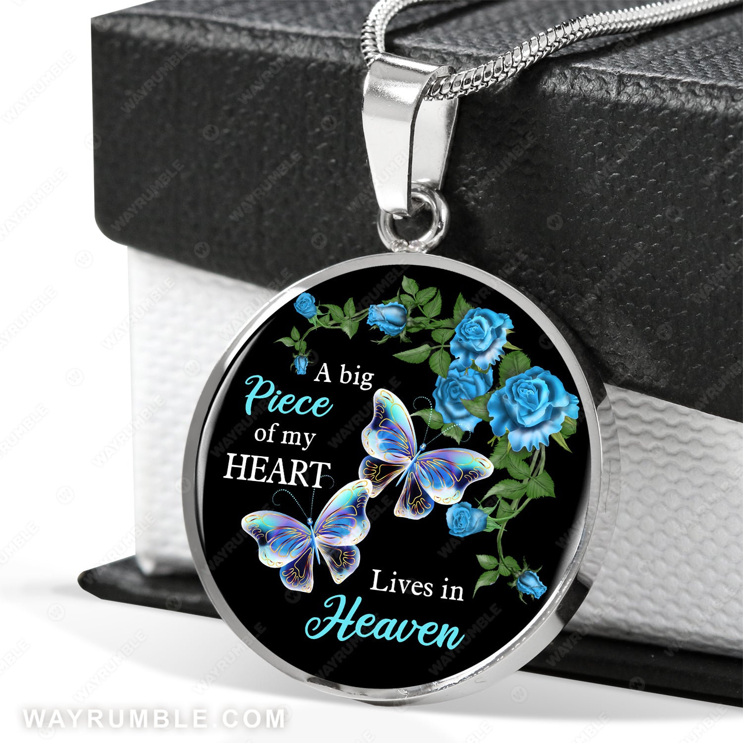 Blue rose flower, Pretty butterfly, A big piece of my heart lives in heaven - Heaven Circle Necklace