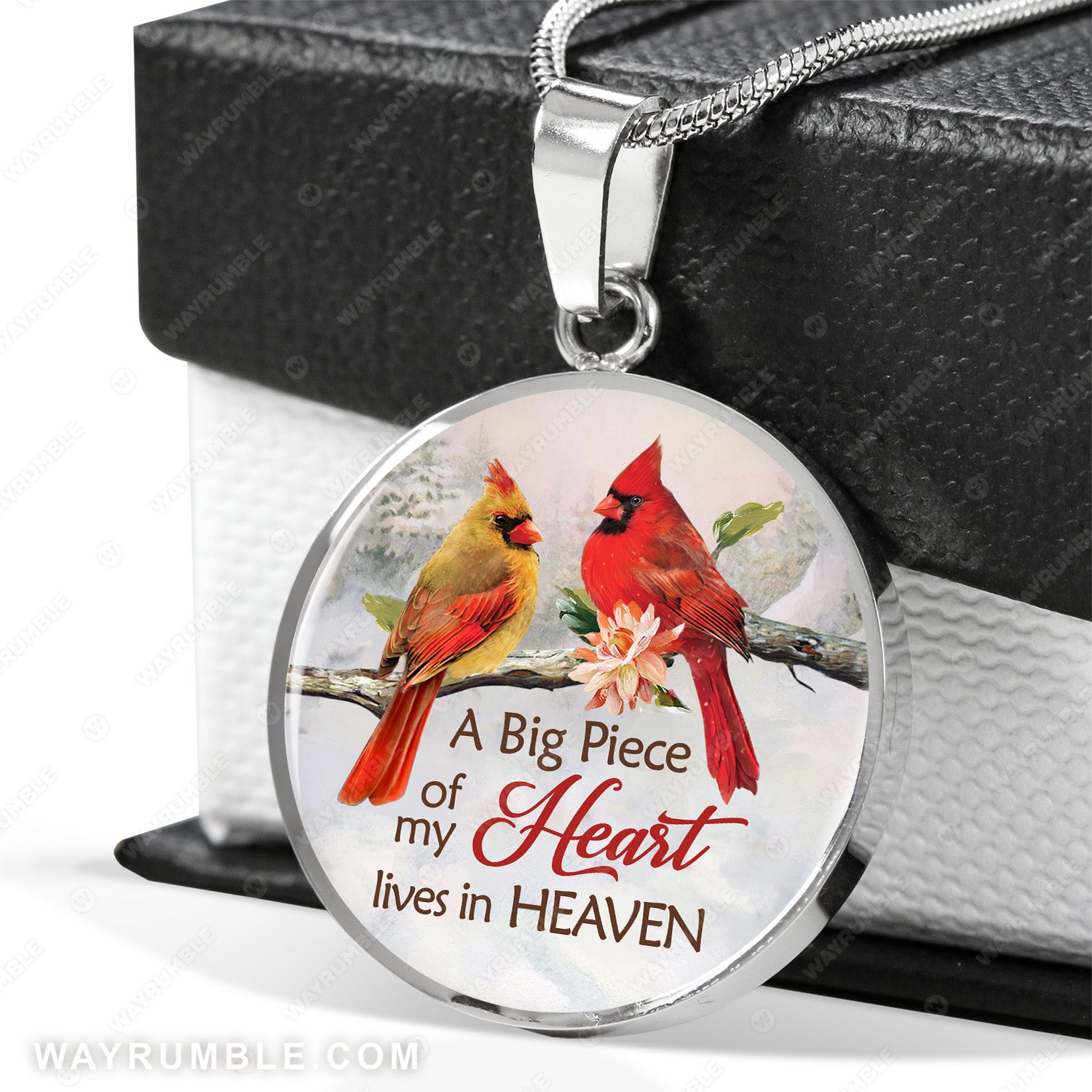 Watercolor cardinal, Light pink flower, A big piece of my heart lives in heaven - Heaven Circle Necklace