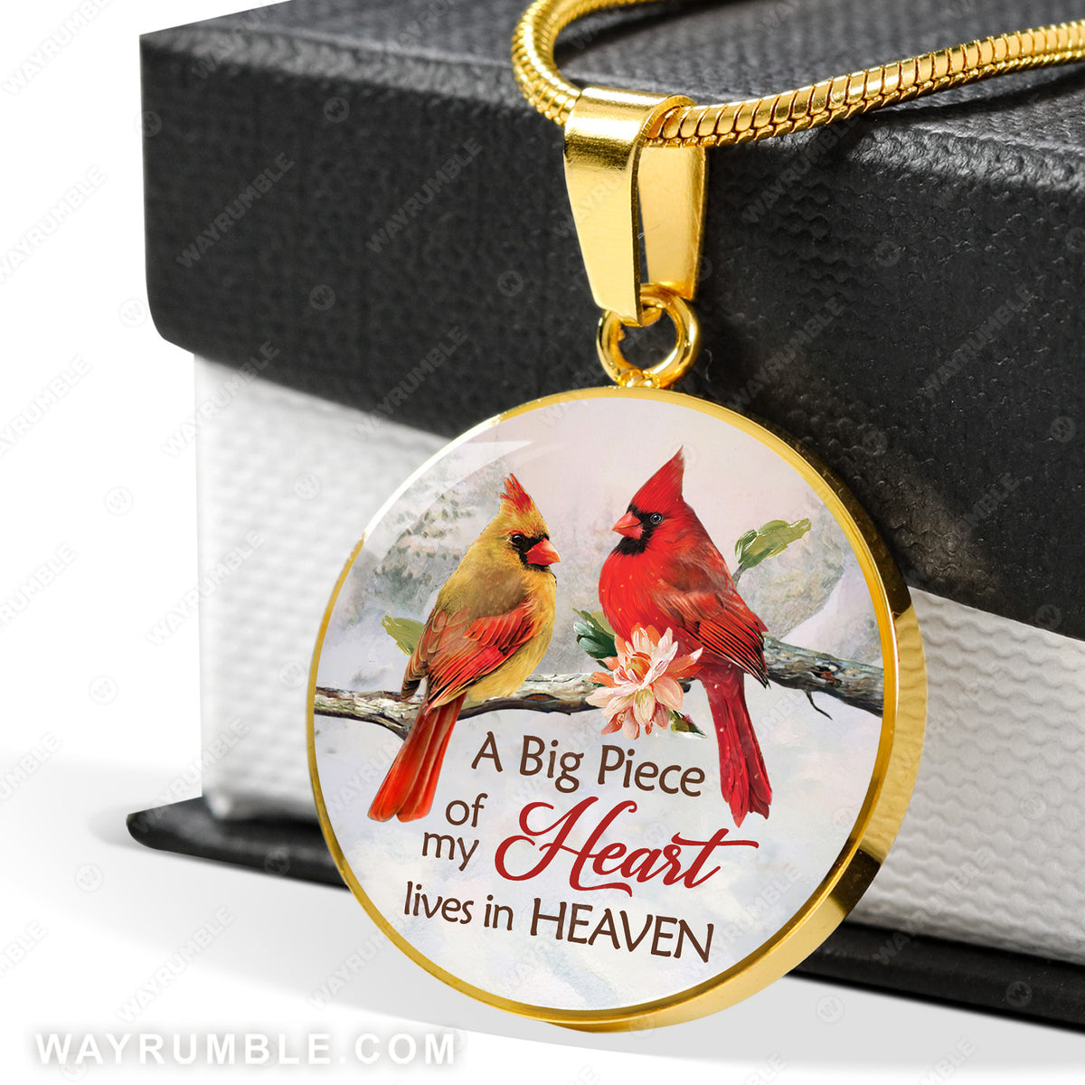 Watercolor cardinal, Light pink flower, A big piece of my heart lives in heaven - Heaven Circle Necklace