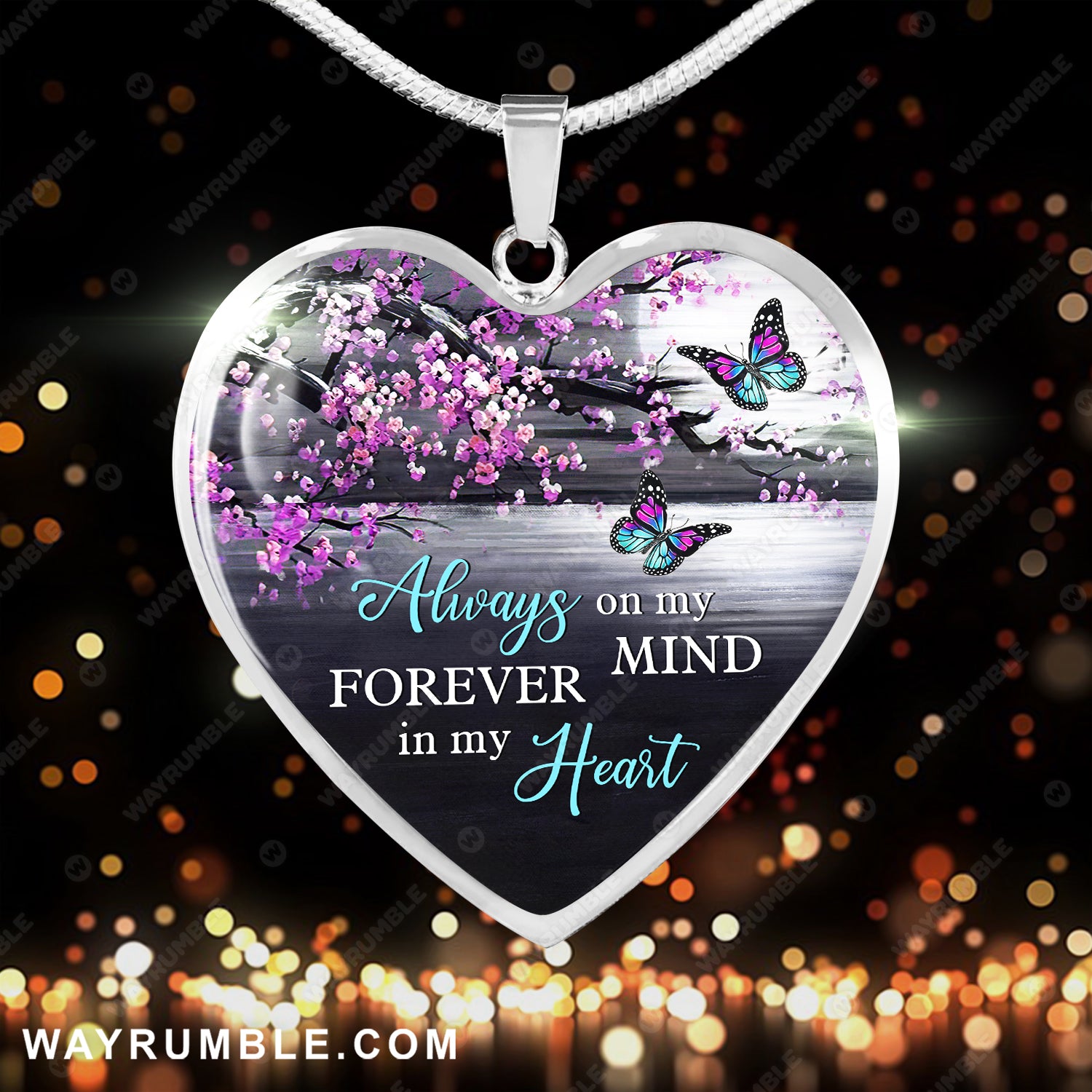 Purple cherry blossom, Pretty butterfly, Full-moon, Always on my mind, forever in my heart - Heaven Heart Necklace