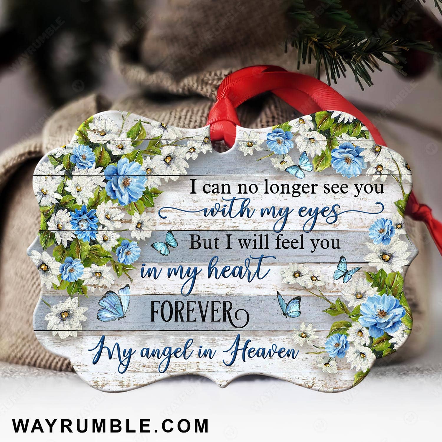 Flower painting, Blue butterfly, I will feel you in my heart forever - Heaven Aluminum Ornament