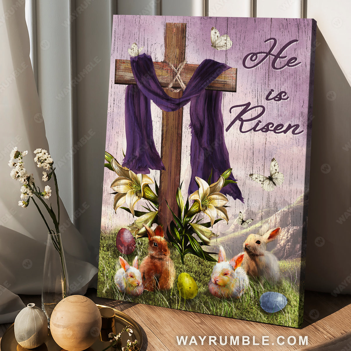 Easter Bunny, Cross symbol, Lily flower, White butterfly, He is risen - Jesus Portrait Canvas Prints, Christian Wall Art