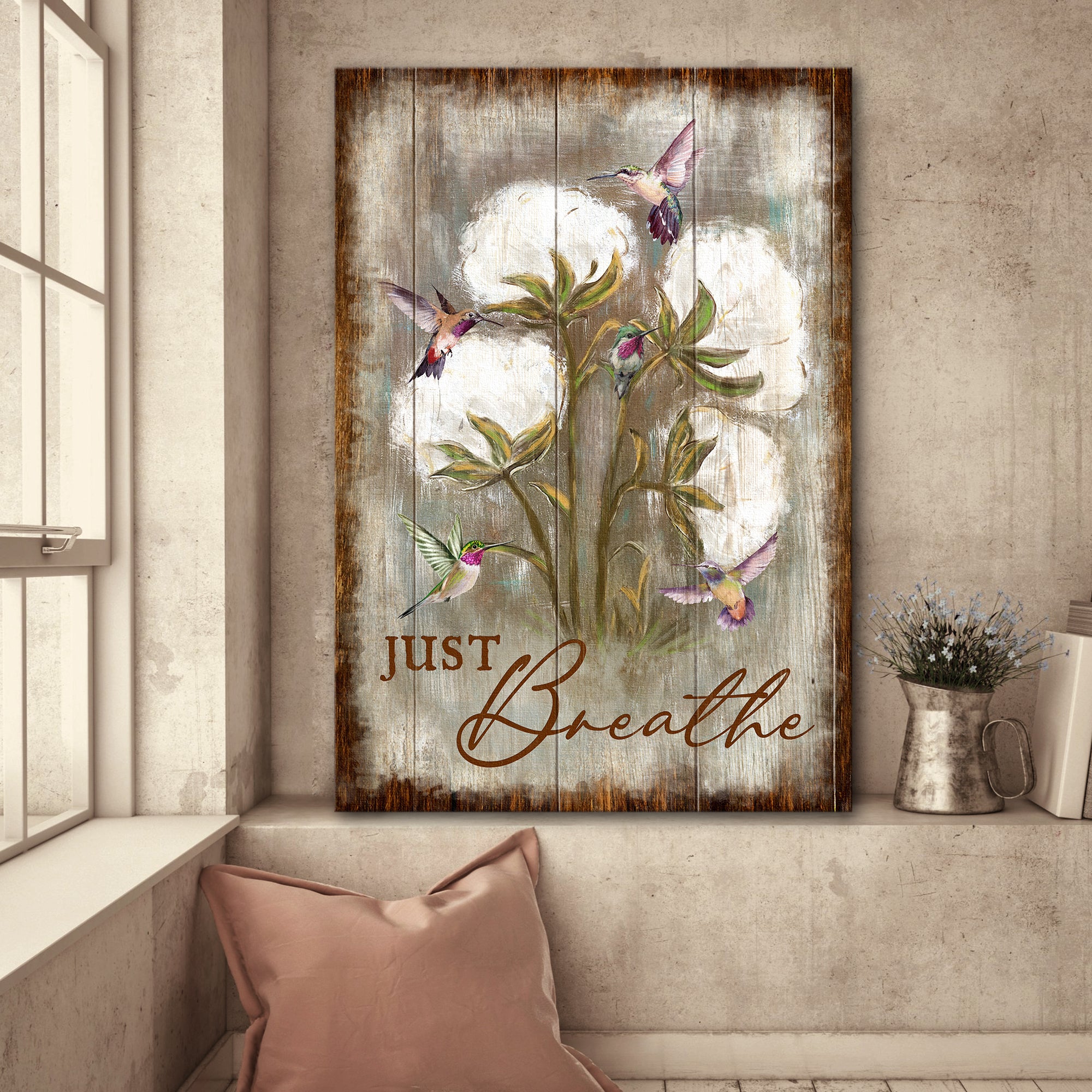 Hummingbird, Cotton Flower, Still Painting, Just Breathe - Jesus Portrait Canvas Prints, Wall Art