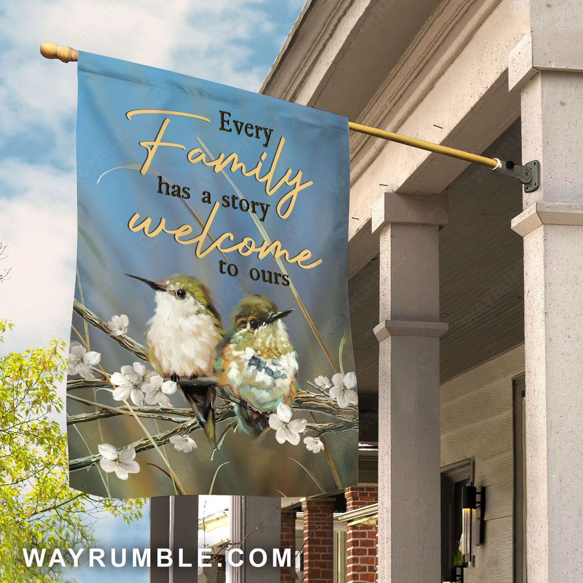 Baby hummingbirds, White cherry blossom, Every family has a story - Hummingbird Flag